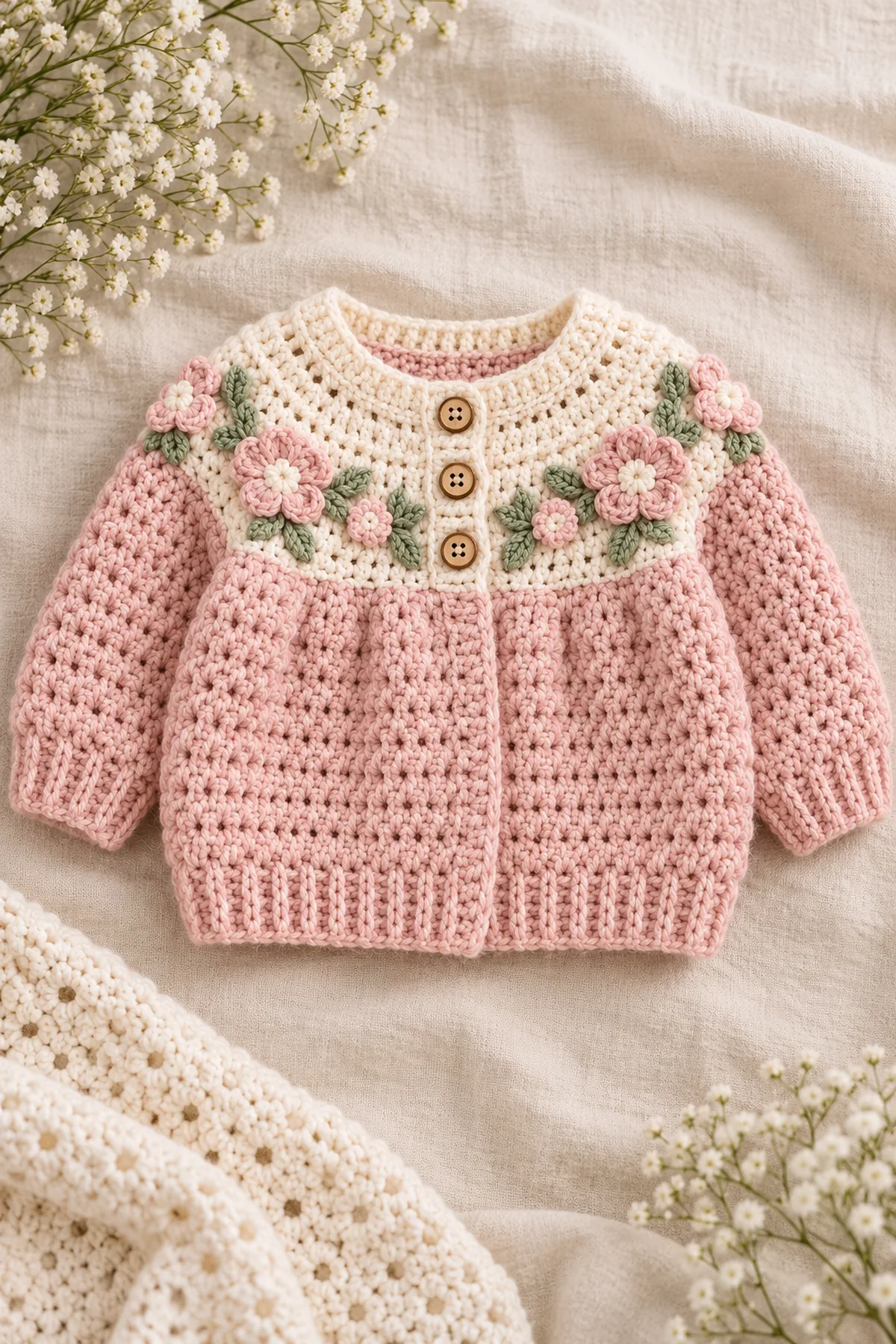 Blush and cream floral raglan crochet baby sweater with textured front panels