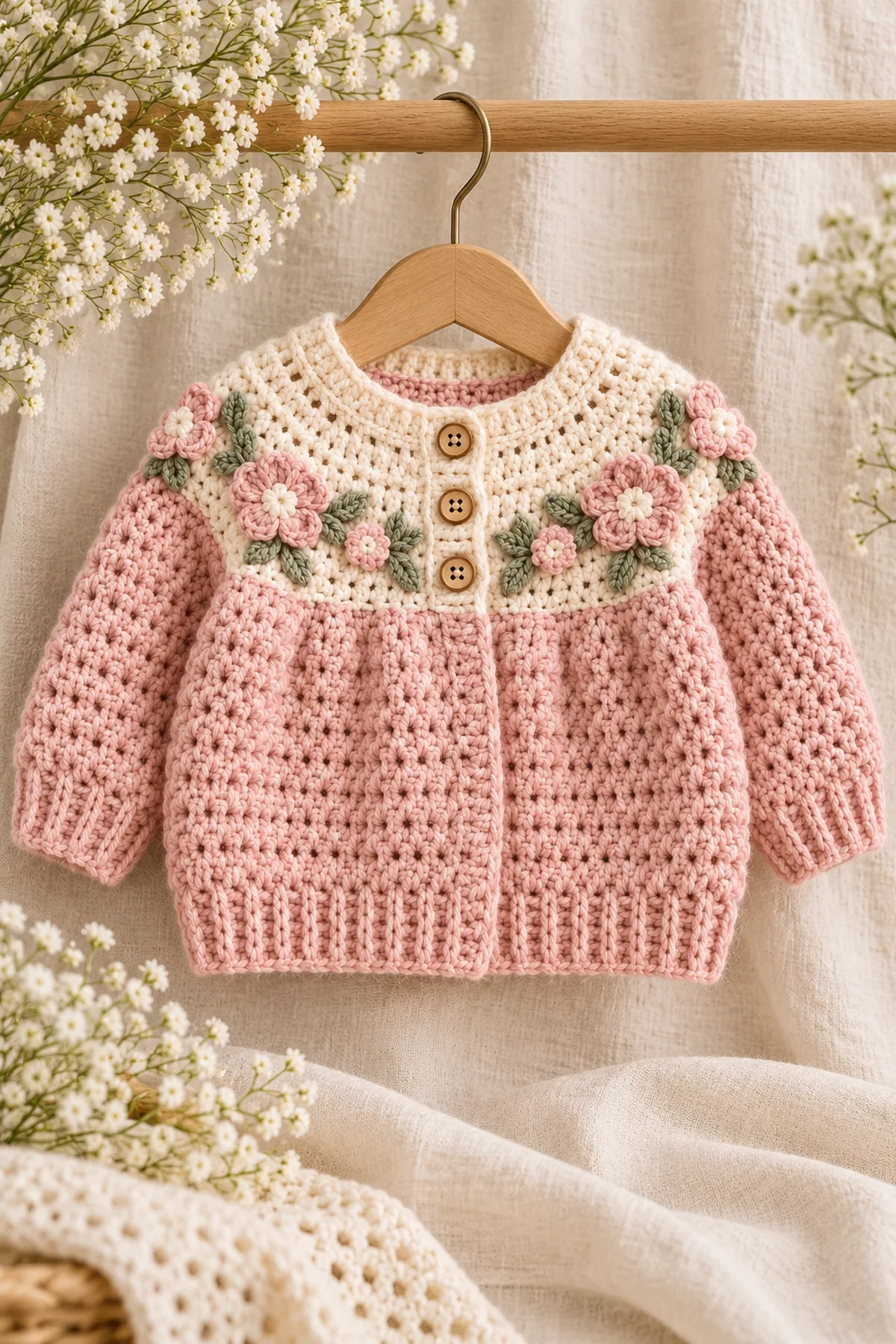 Finished easy floral raglan baby sweater with textured panels – free pattern in a softly lit neutral setting