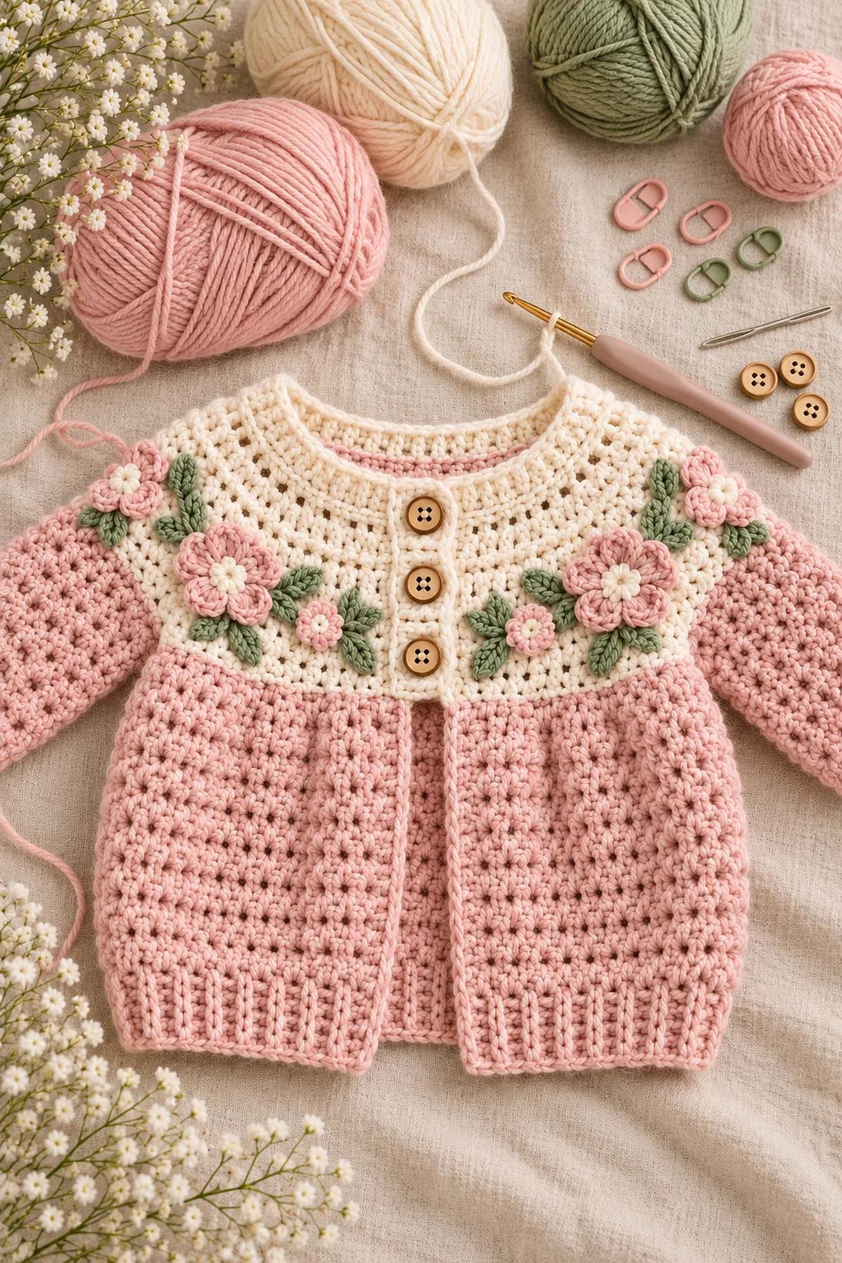 Yarn, hook, markers and tools for easy floral raglan baby sweater with textured panels – free pattern