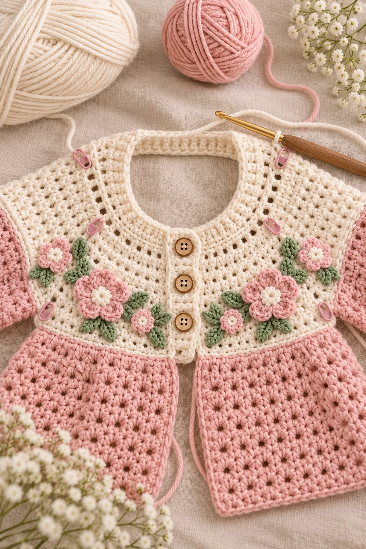 Early construction stage of easy floral raglan baby sweater with textured panels – free pattern
