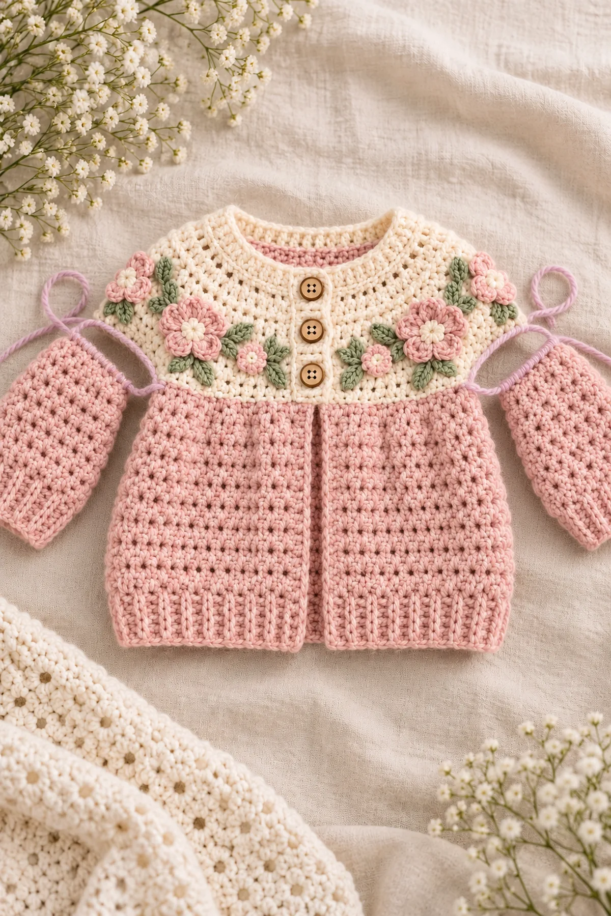 Shaping and assembly stage of easy floral raglan baby sweater with textured panels – free pattern