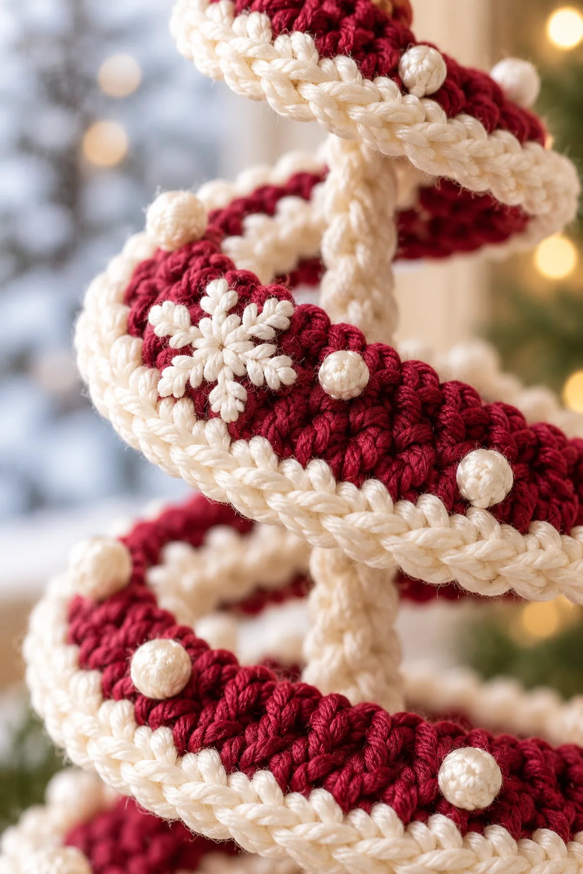 Close view of the cranberry-to-ivory color-change join, continuous ivory edge and a securely sewn ivory snowflake with embroidered pearl-like knots; no exposed wire.