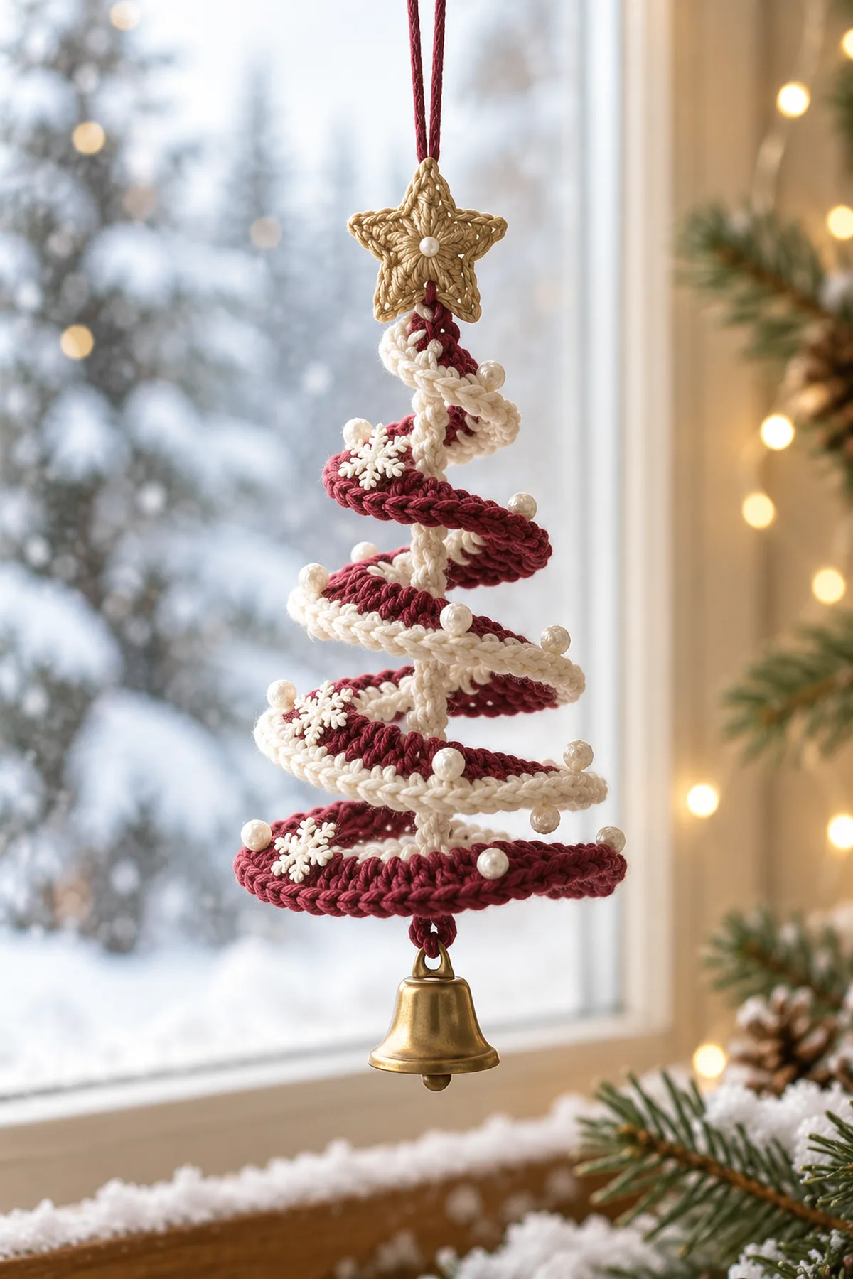 Open six-turn cranberry and ivory crochet spiral Christmas tree ornament, alternating solid colors by turn with a narrow ivory edge, antique-gold star and hanging loop, three ivory snowflakes, embroidered pearl-like knots and small brass bell, suspended by a winter window. No text.