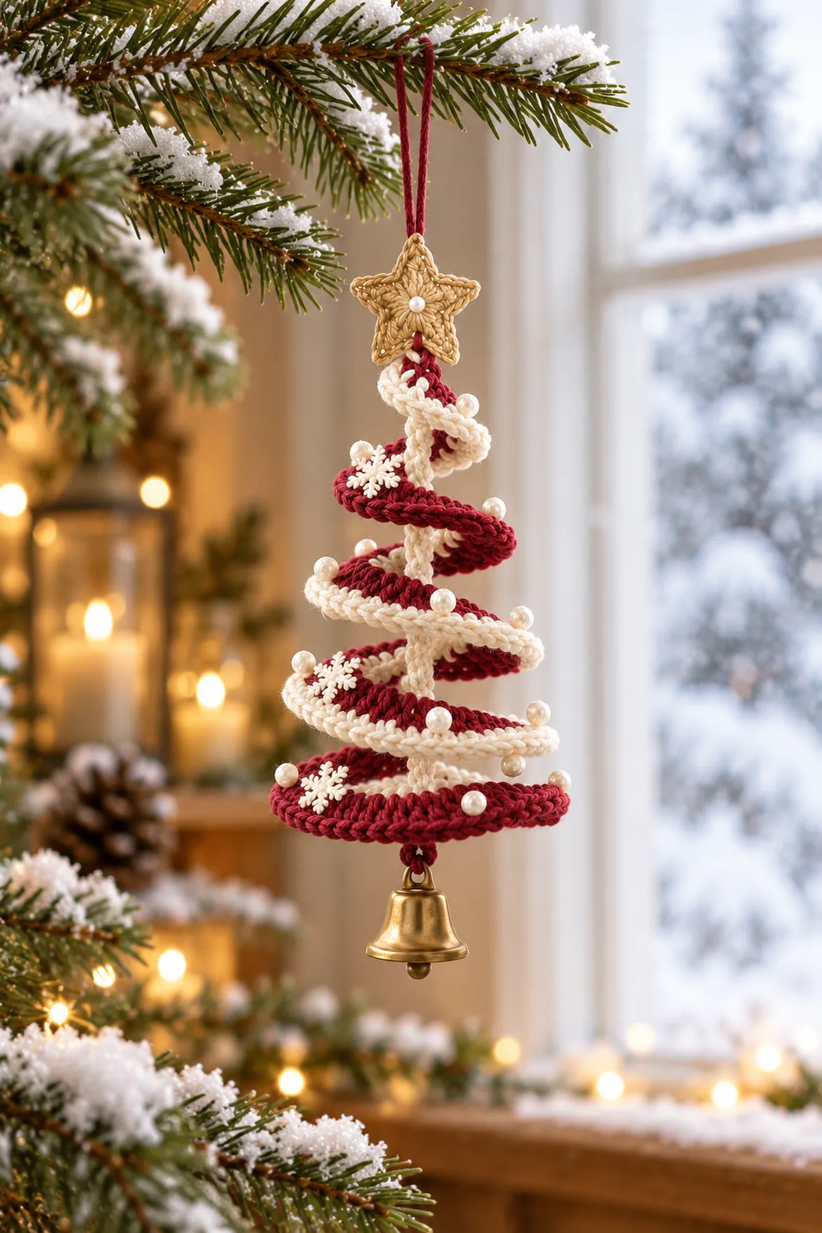 Finished six-turn open crochet Christmas tree with alternating cranberry and ivory turns, antique-gold star, ivory snowflakes, embroidered pearl-like knots and small brass bell, hanging near a softly lit winter window. No text.