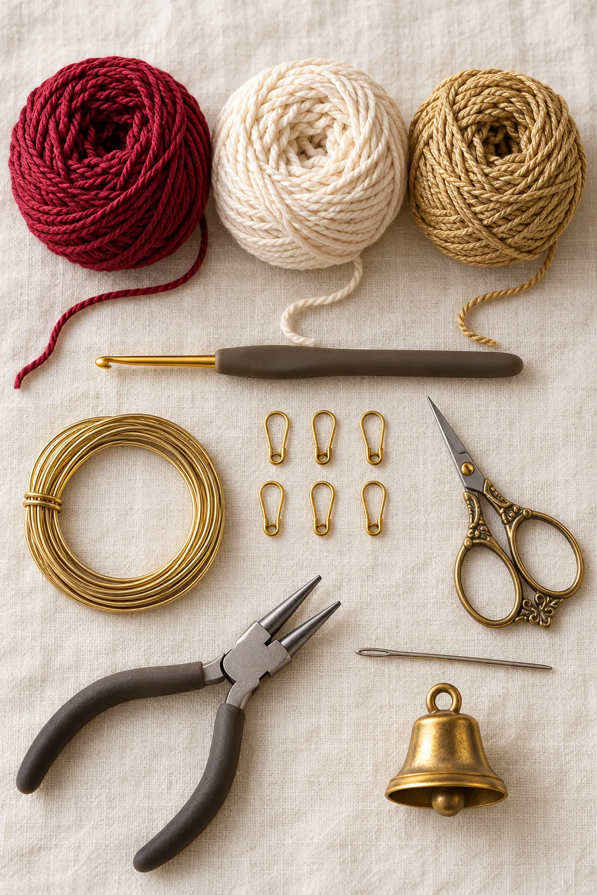 Flat lay of cranberry, ivory, and antique-gold DK cotton yarn, 3.5 mm hook, coated craft wire, rounded pliers, tapestry needle, six markers, ruler, scissors and optional small brass bell. No completed ornament.