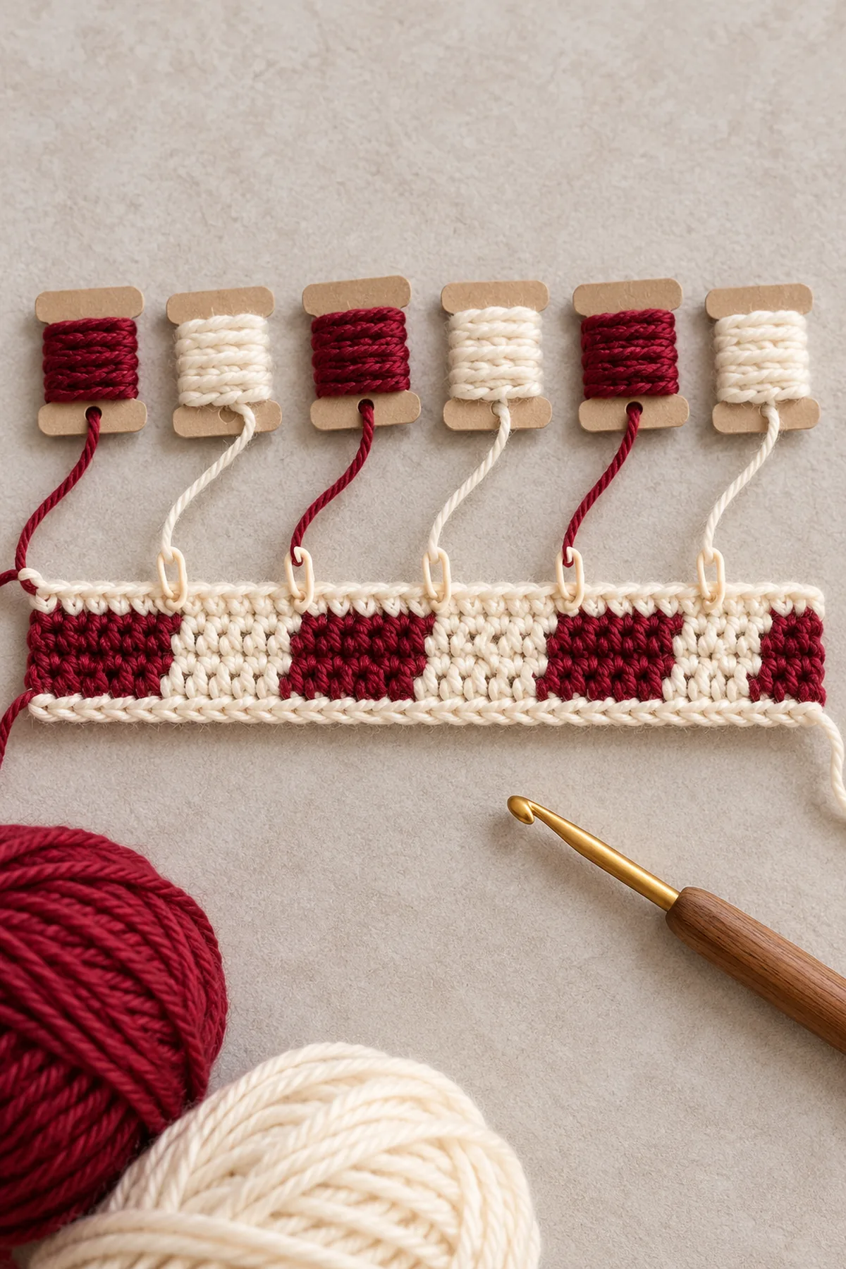 Unassembled four-row cranberry-and-ivory striped crochet ribbon laid flat with six marked segments of 12, 22, 32, 42, 52 and 62 stitches; matching yarn bobbins at each color boundary.
