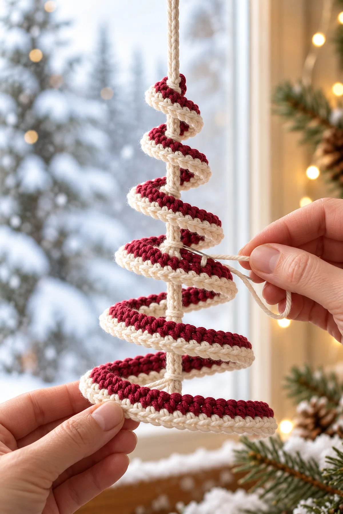 Alternating cranberry and ivory ribbon being wound into six increasing open turns around its center cord; ivory edge faces outward and concealed support wire is stitched beneath; no star or bell yet.