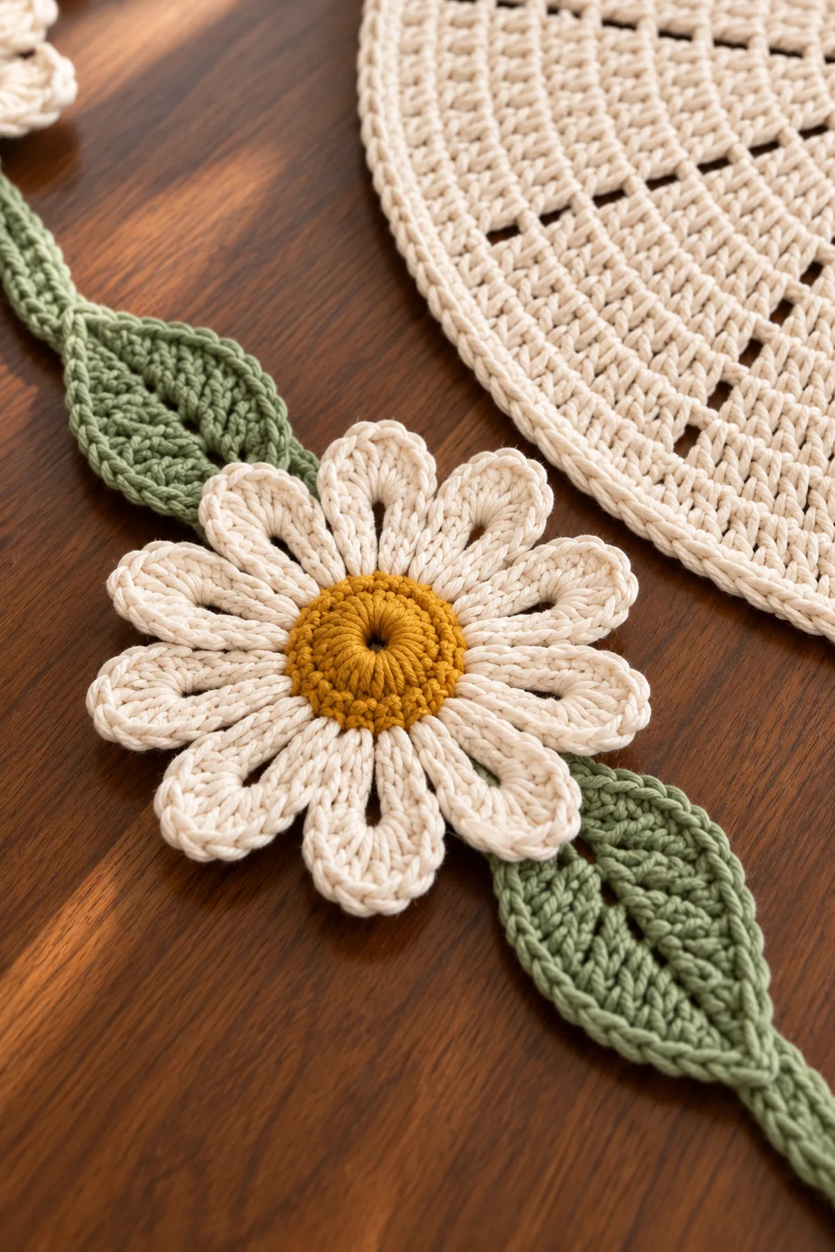 Macro close-up of one white twelve-petal crochet daisy with a gold center and two sage leaves securely sewn to the narrow green runner spine; beside it, part of one ivory radial-lace placemat edge. Emphasize fiber texture and separate components.
