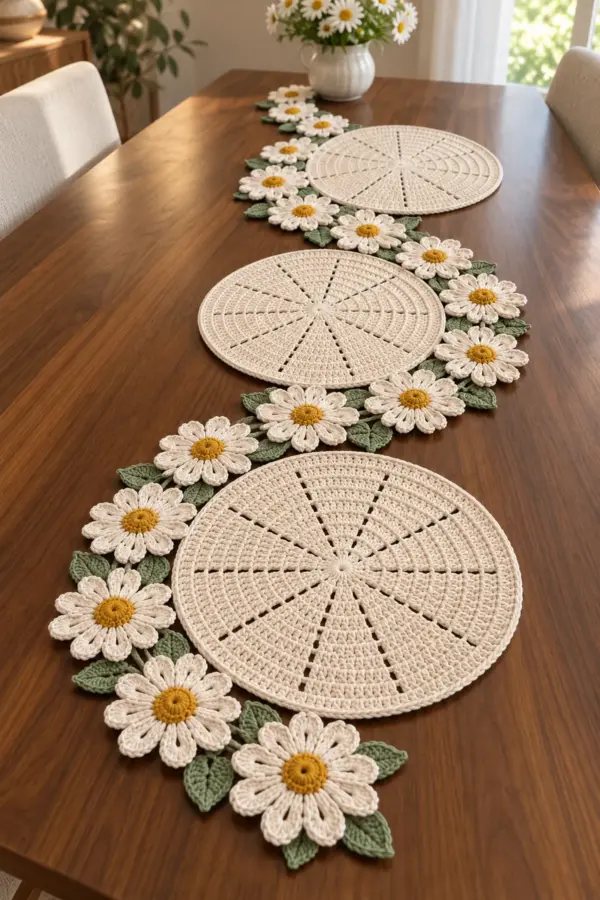 Elegant four-piece handmade crochet table set: one narrow long ivory daisy chain runner with gold centers and sage leaves, three separate large round ivory ten-spoke lace placemats laid beside it on a wooden dining table. Original editorial photograph, no text.