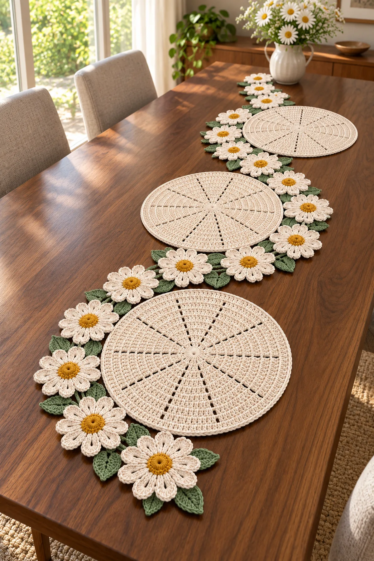 The same finished 15-daisy floral runner and three separate round ivory radial-lace placemats along a polished wooden dining table in daylight; white daisy bouquet far background, tableware kept minimal and mats visible.