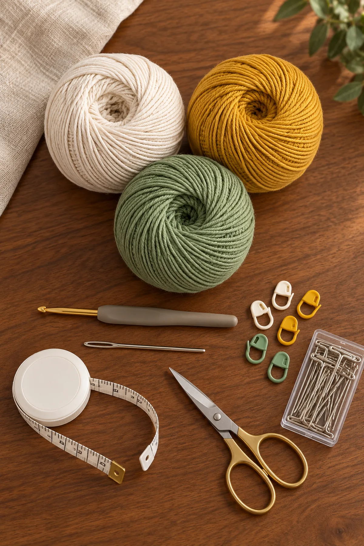 Supplies-only flat lay of ivory DK cotton, golden-yellow cotton, sage-green cotton, 3.5 mm crochet hook, tapestry needle, stitch markers, tape and scissors on wood; no finished table textile.