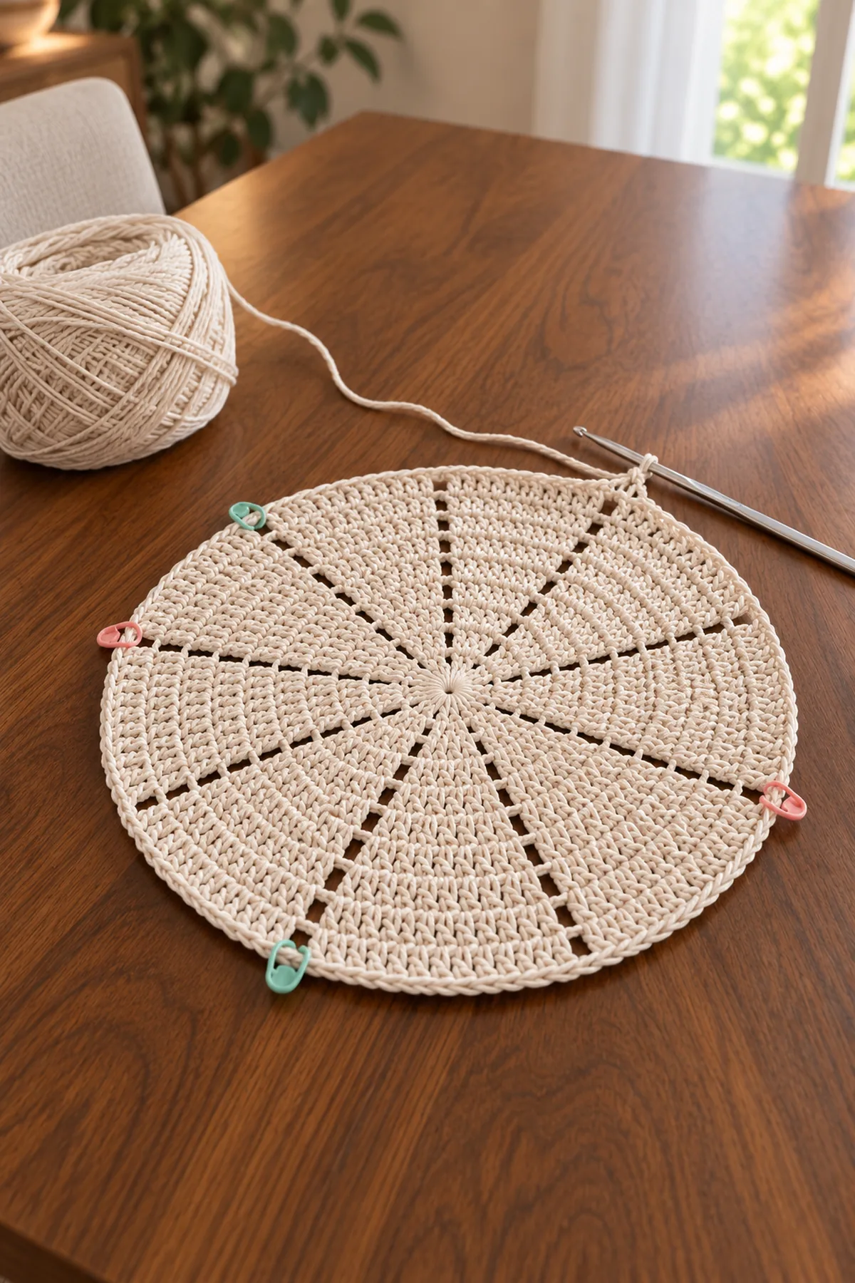 One unfinished round ivory lace placemat in progress, radial ten-spoke wedge eyelets clearly visible and working cotton thread attached; no flowers or leaves sewn, no completed runner.