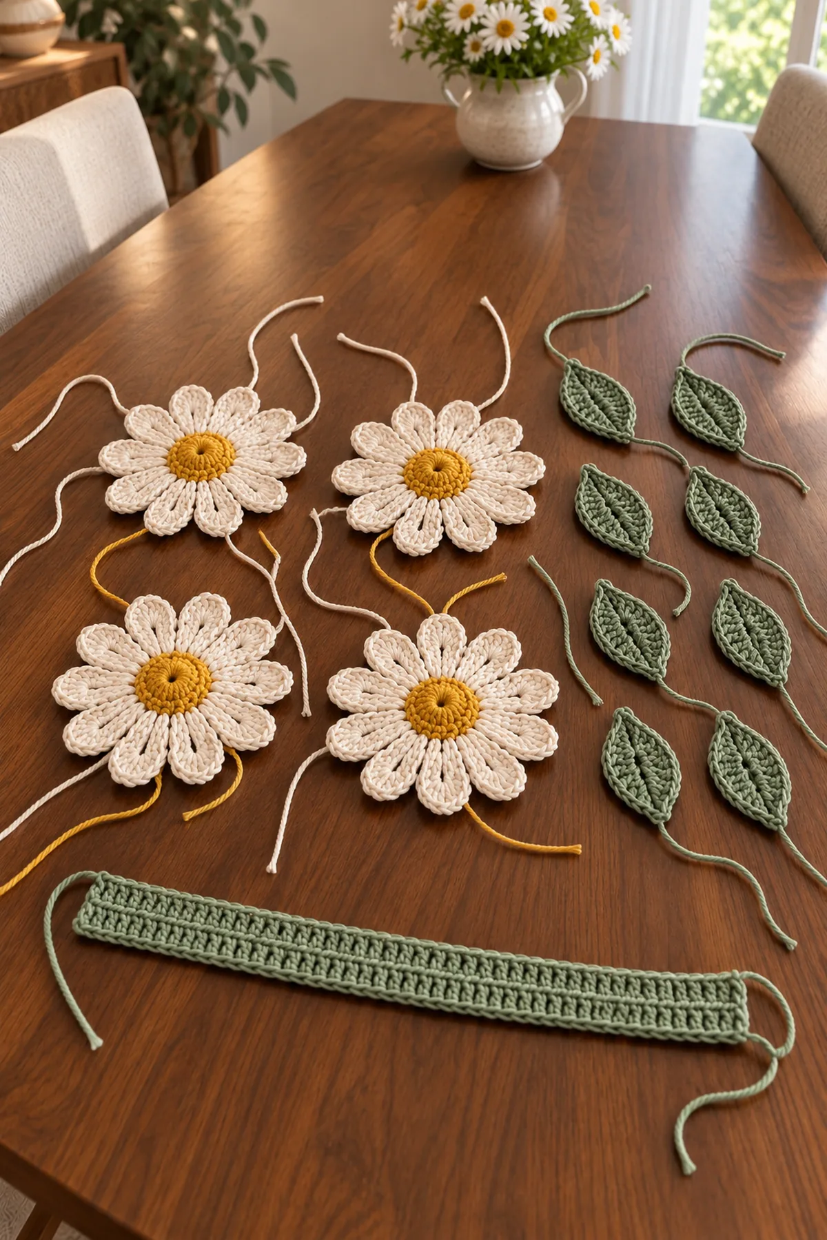 Separate component layout: several completed ivory daisies with mustard-gold centers, separate small sage tapered leaves and a long narrow four-row sage strip before flowers and leaves are sewn; three mats absent.