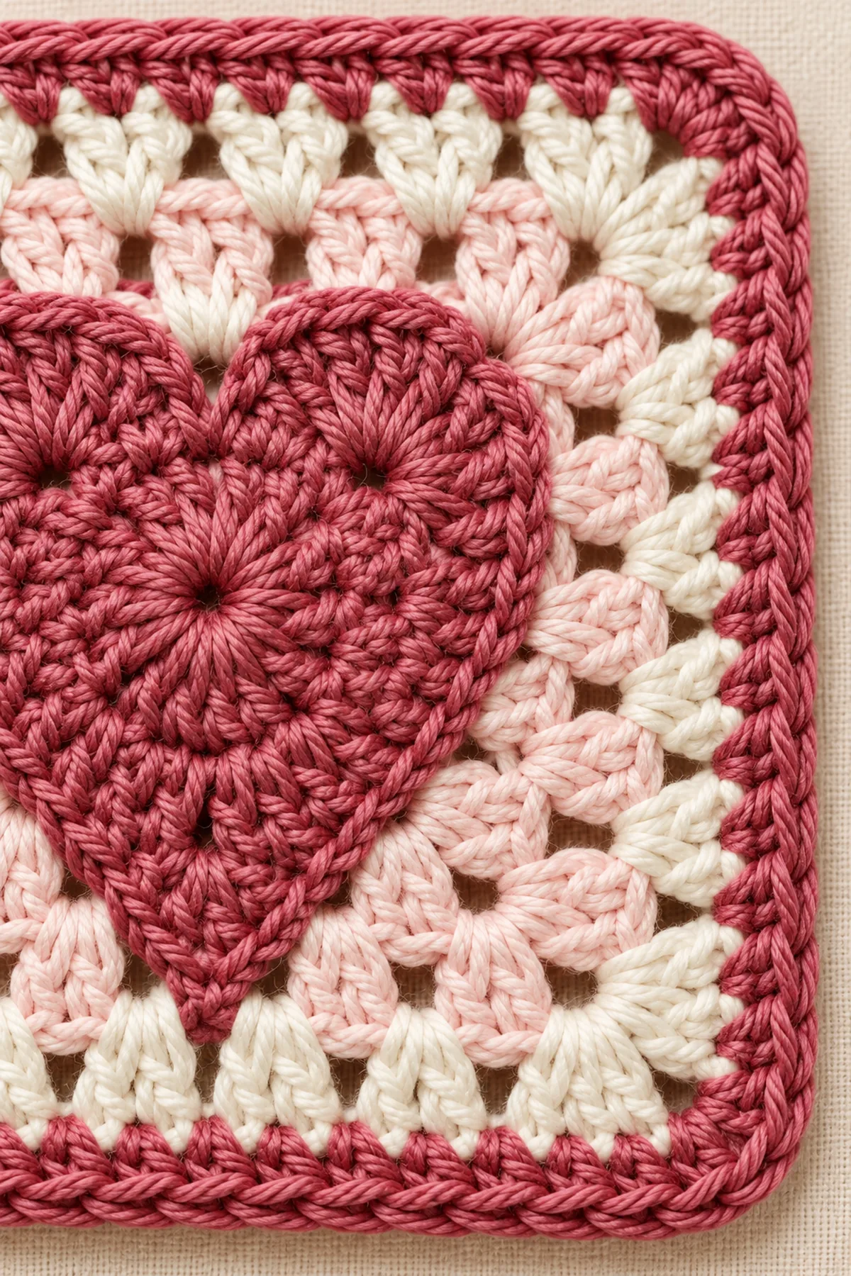 Close view of stitches and finishing on framed heart window granny square – free crochet pattern