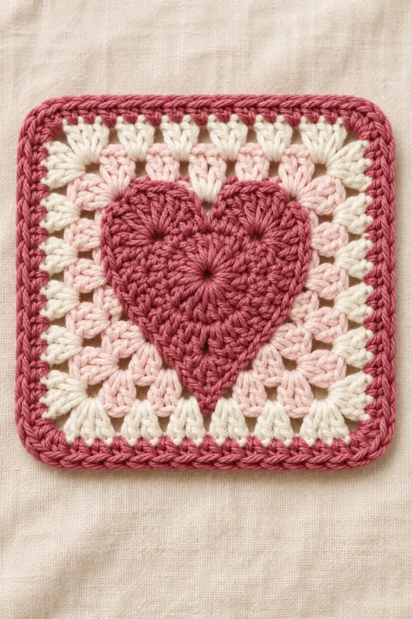 Dusty rose crochet heart centered on a blush lace granny square with berry frame
