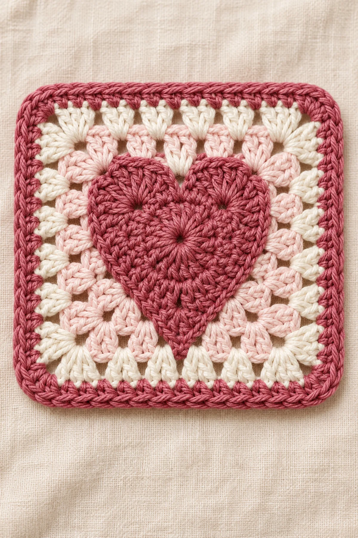 Dusty rose crochet heart centered on a blush lace granny square with berry frame