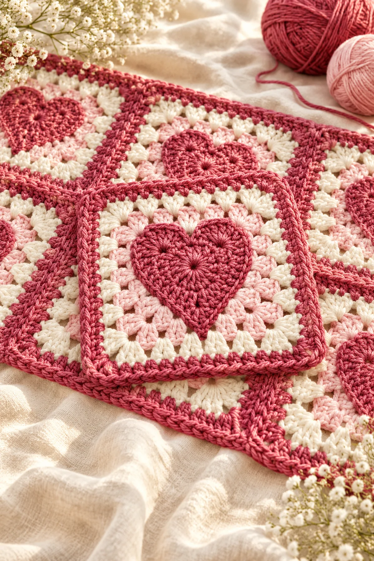 Finished framed heart window granny square – free crochet pattern in a softly lit neutral setting