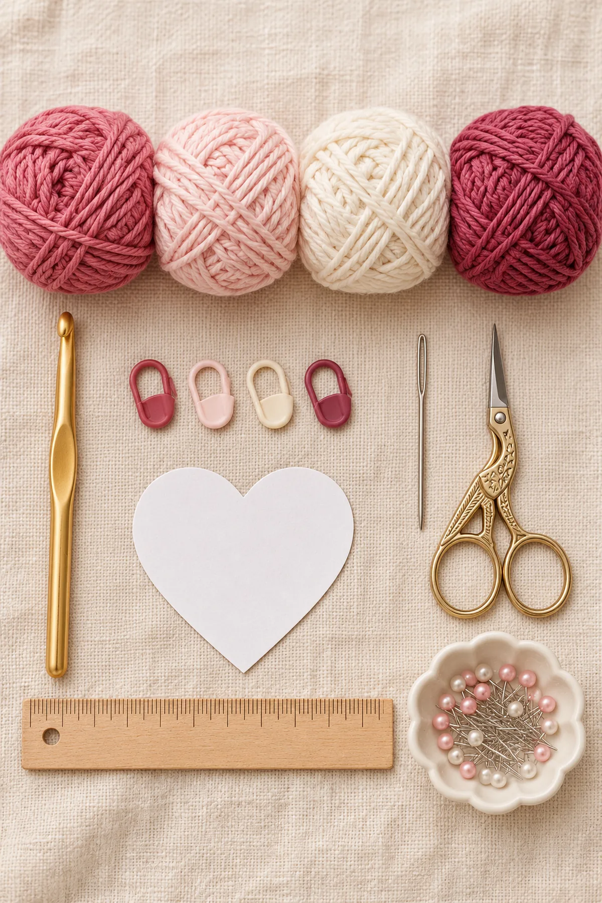 Yarn, hook, markers and tools for framed heart window granny square – free crochet pattern