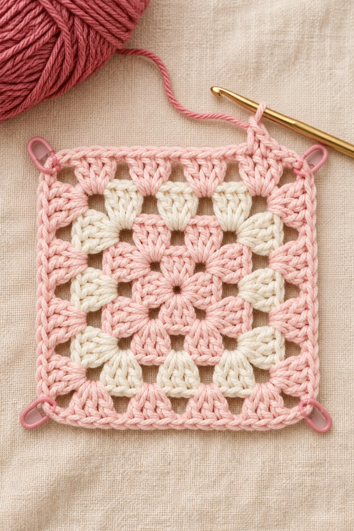 Early construction stage of framed heart window granny square – free crochet pattern