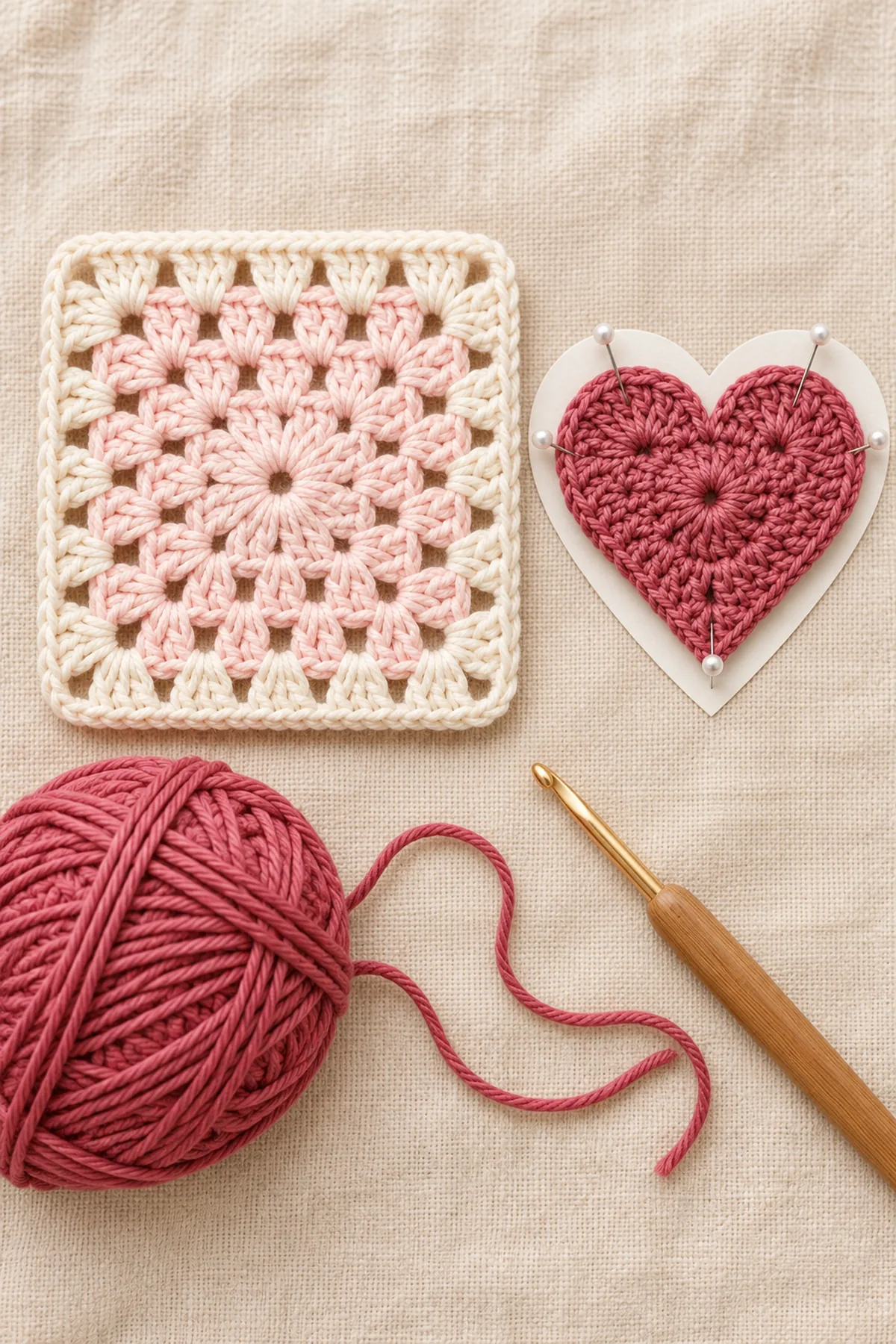 Shaping and assembly stage of framed heart window granny square – free crochet pattern