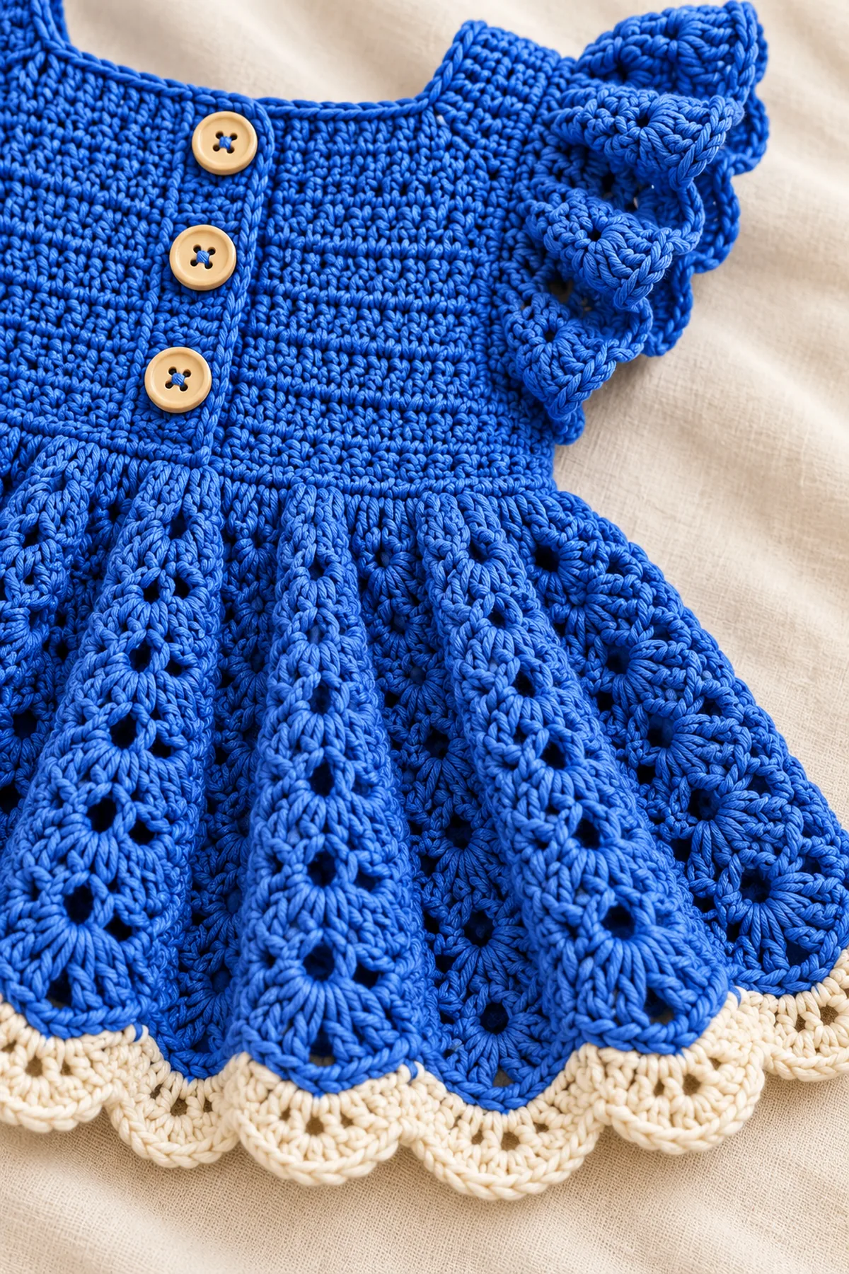 Close view of stitches and finishing on how to crochet a ruffle sleeve dress
