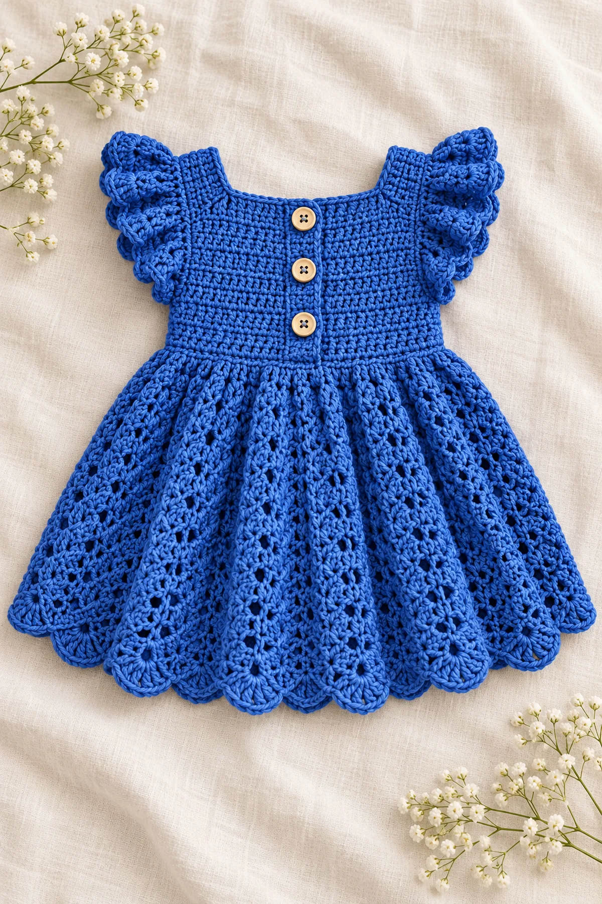 Cobalt blue crochet ruffle-sleeve baby dress with button back and flared lace skirt