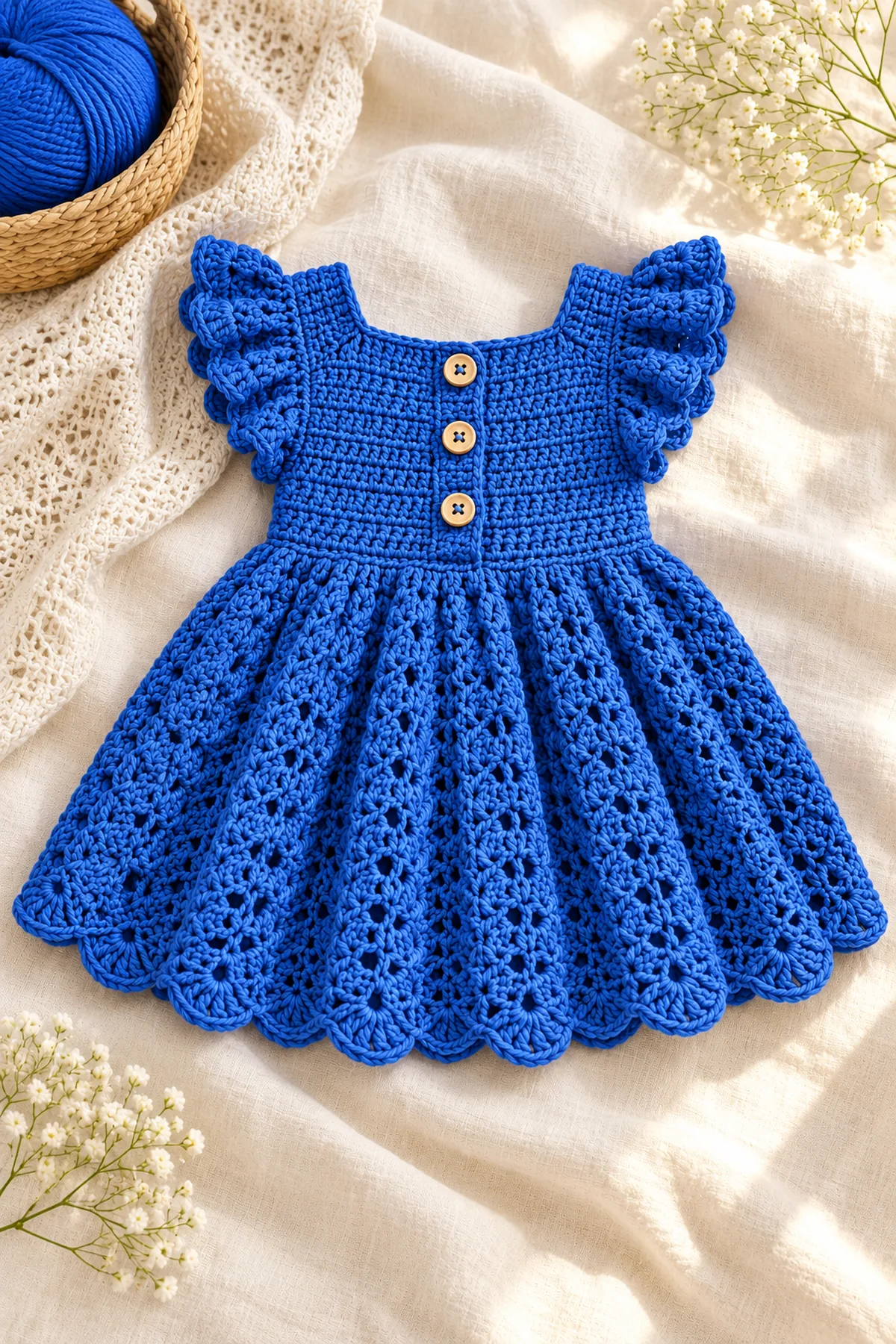 Finished how to crochet a ruffle sleeve dress in a softly lit neutral setting