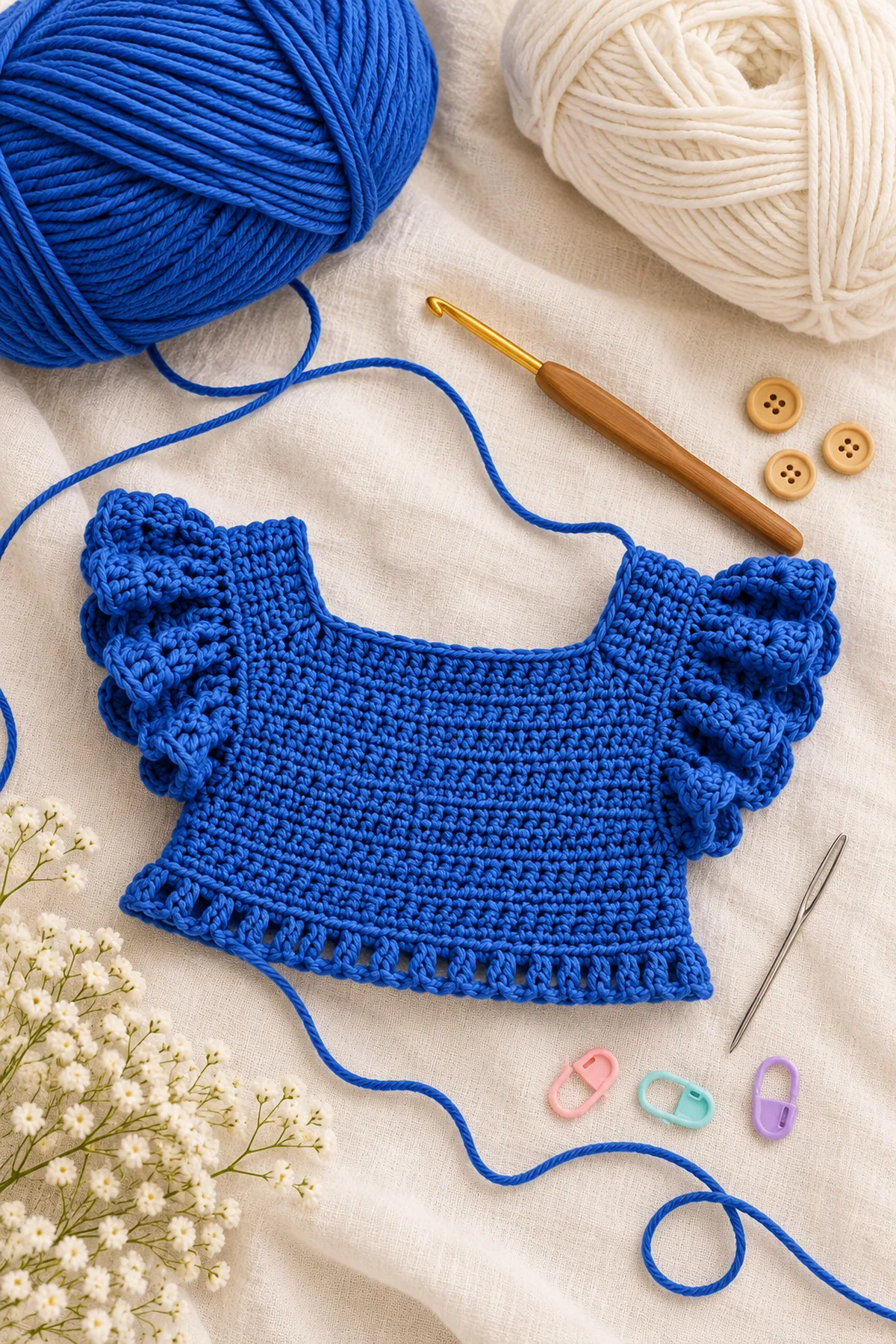Yarn, hook, markers and tools for how to crochet a ruffle sleeve dress
