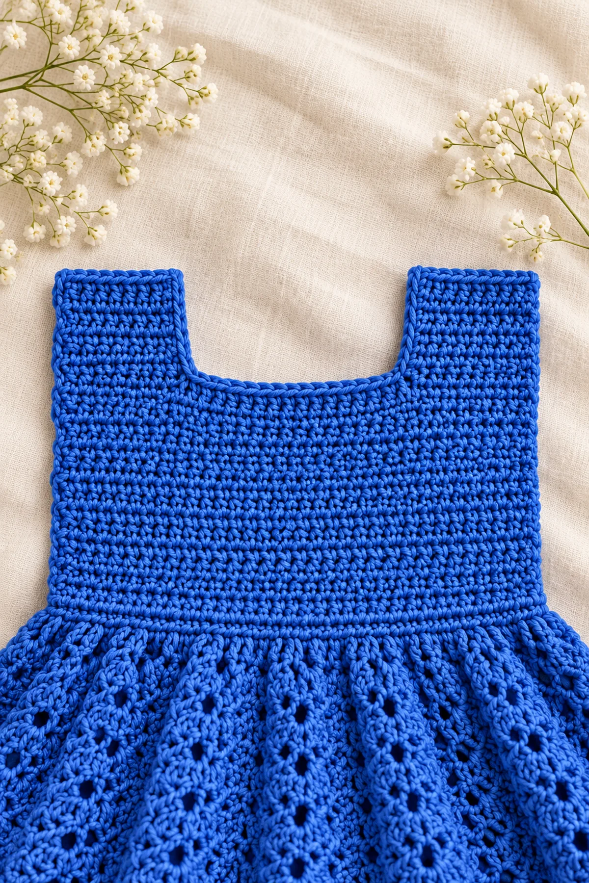 Early construction stage of how to crochet a ruffle sleeve dress