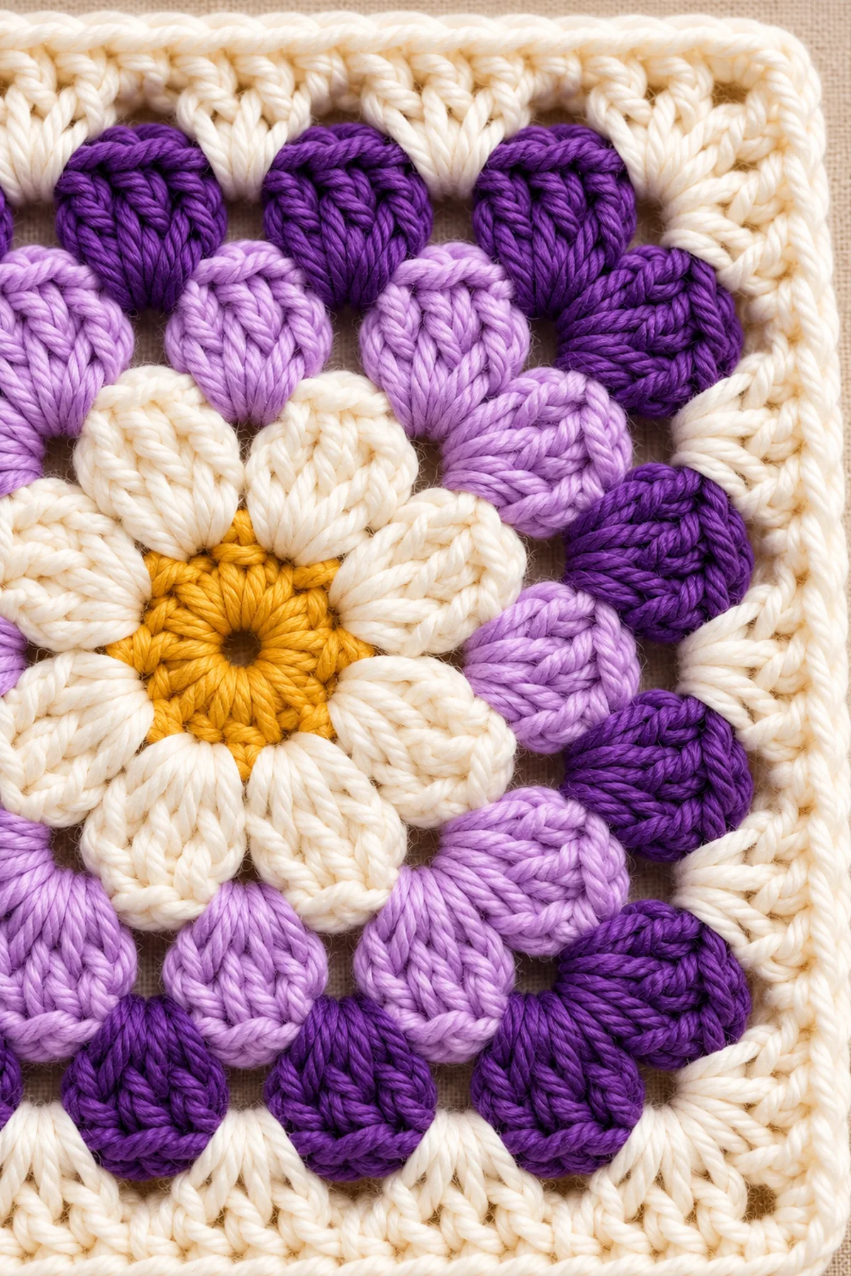 Close view of stitches and finishing on lavender petal puff granny square – free crochet pattern