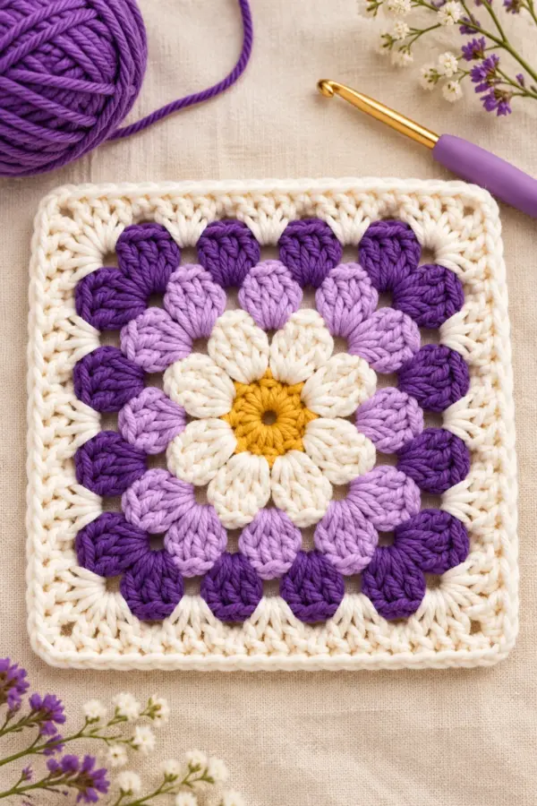 Layered lavender and violet flower granny square with yellow center and ivory border