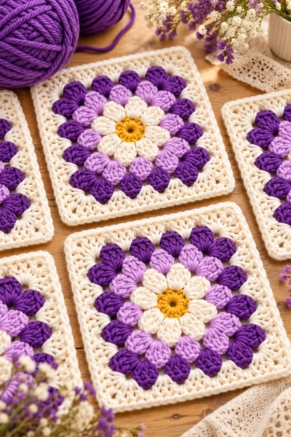 Finished lavender petal puff granny square – free crochet pattern in a softly lit neutral setting