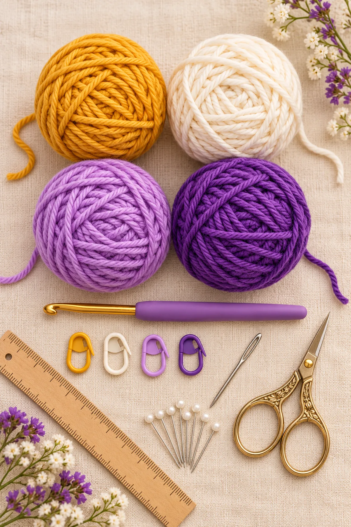 Yarn, hook, markers and tools for lavender petal puff granny square – free crochet pattern