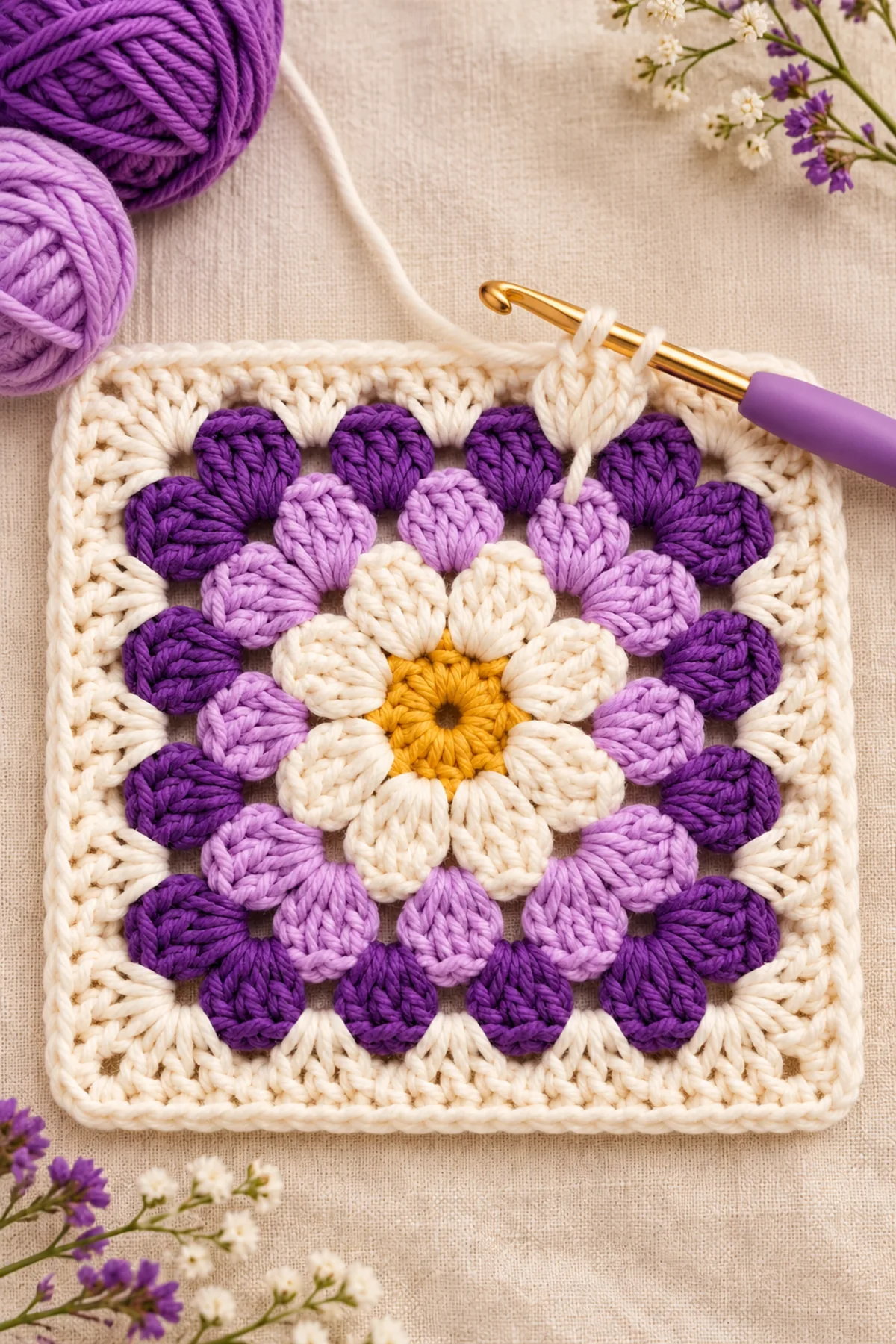 Early construction stage of lavender petal puff granny square – free crochet pattern
