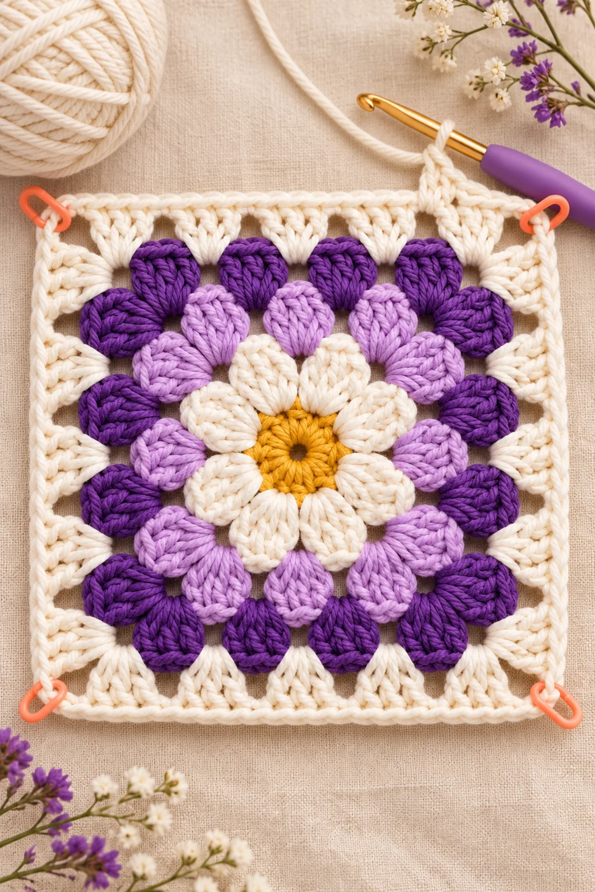 Shaping and assembly stage of lavender petal puff granny square – free crochet pattern