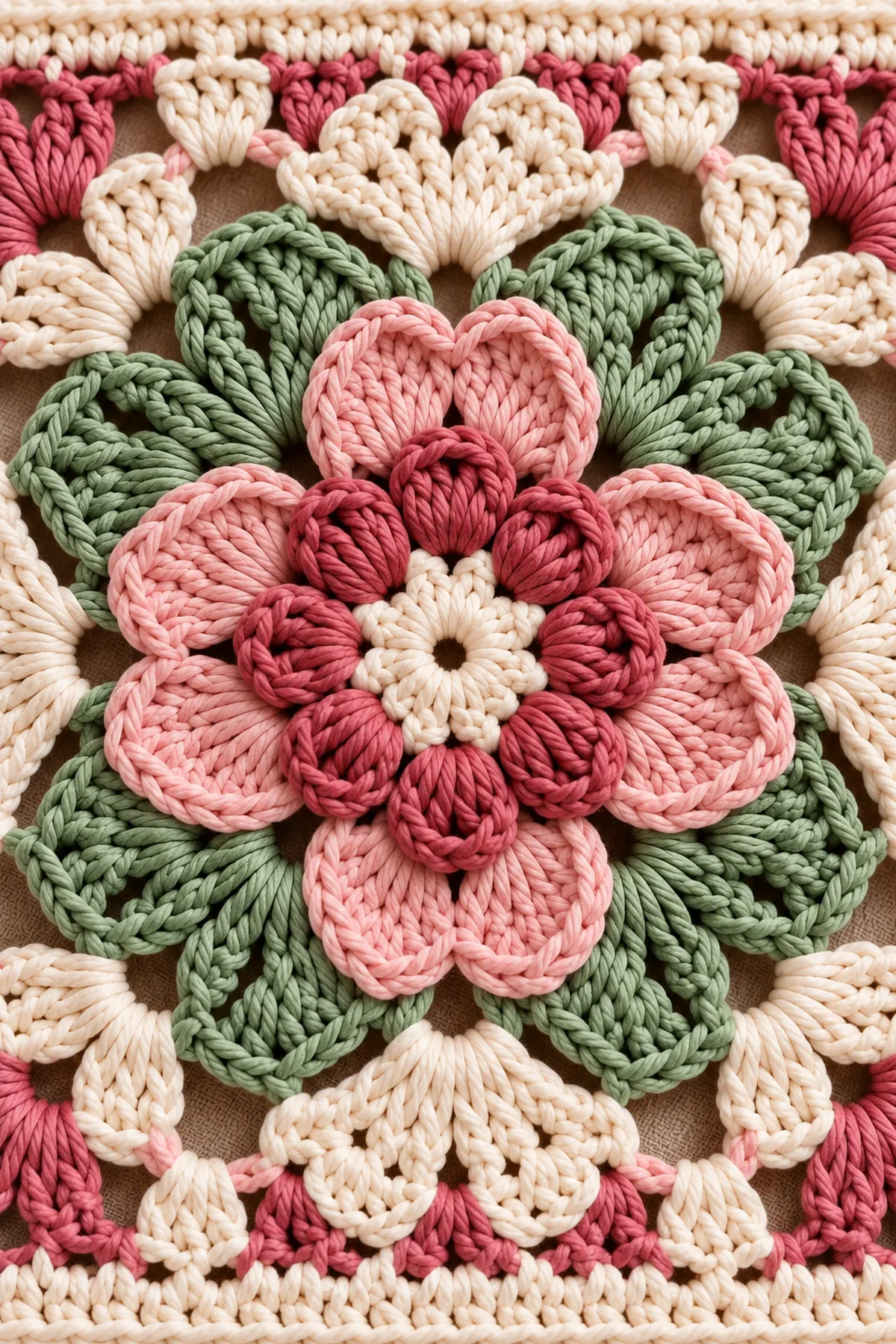 Close view of rolled deep-rose petals, larger blush petals, sage leaves and cream arches