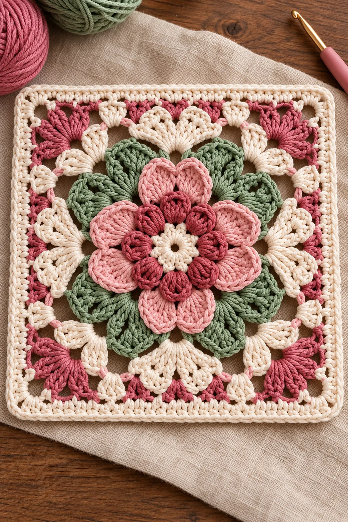 Original layered rose garden granny square in deep rose blush sage and cream with openwork corners on a wooden craft table