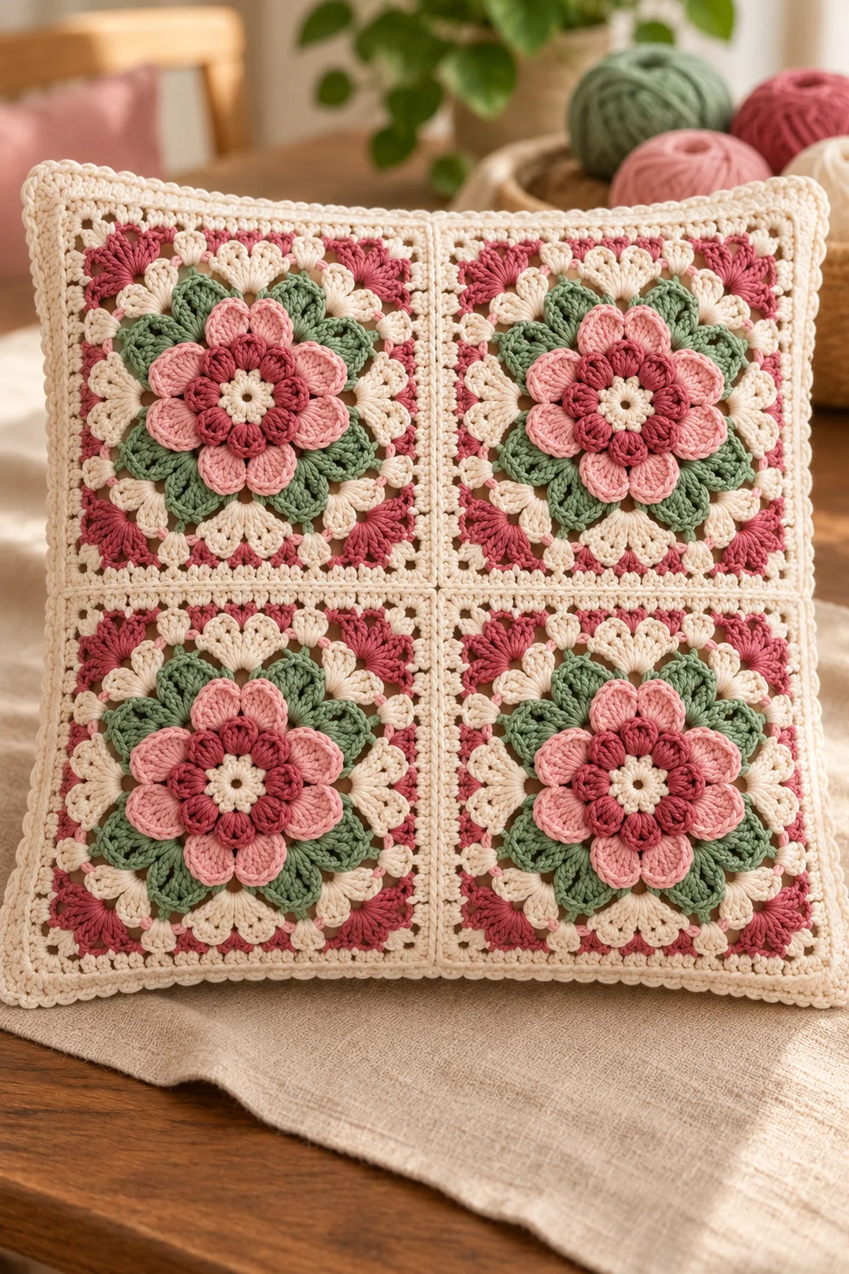 Four layered rose garden granny squares arranged as an elegant crochet cushion front