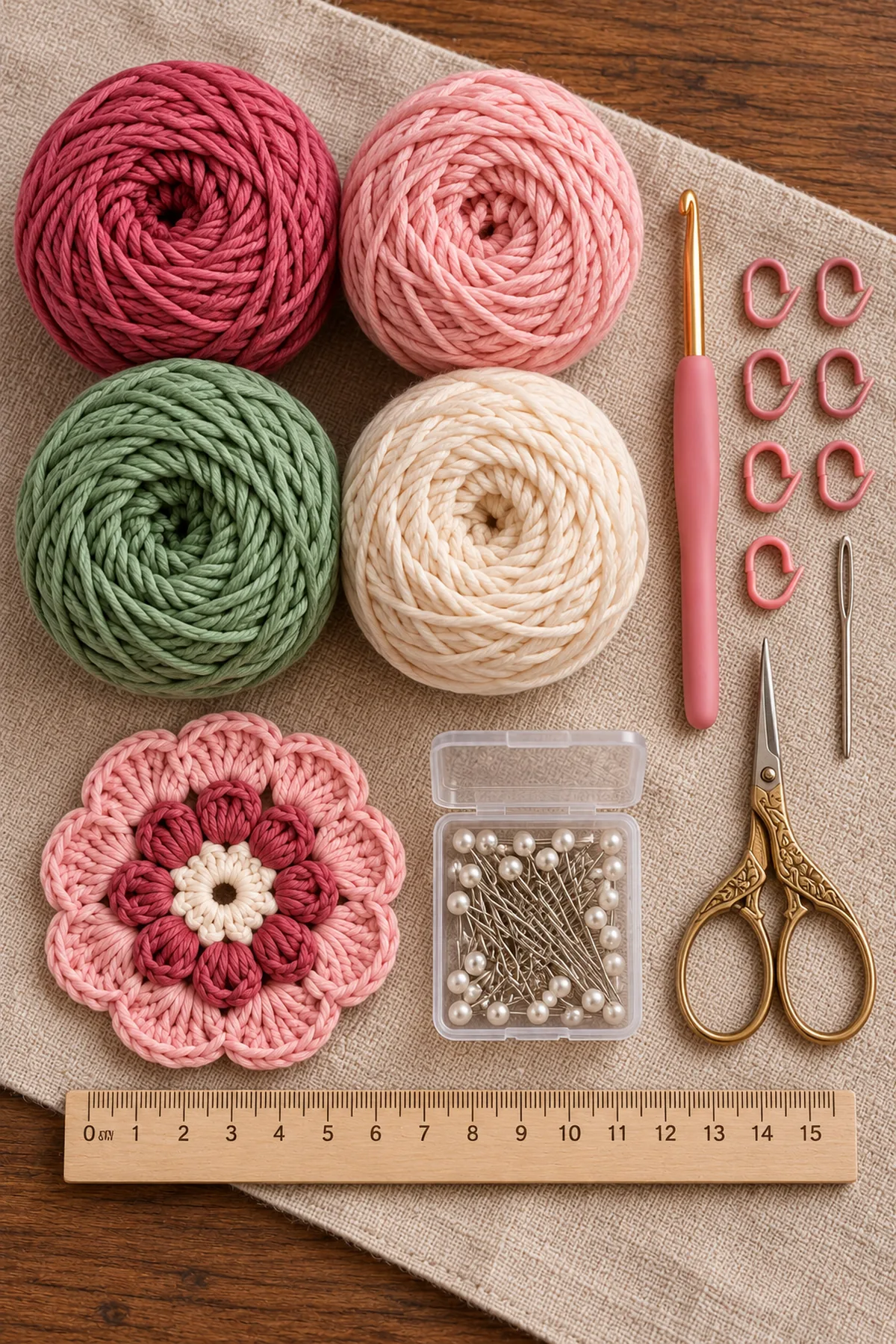 Deep rose blush sage and cream DK cotton, 3.5 mm hook, markers and blocked floral swatch