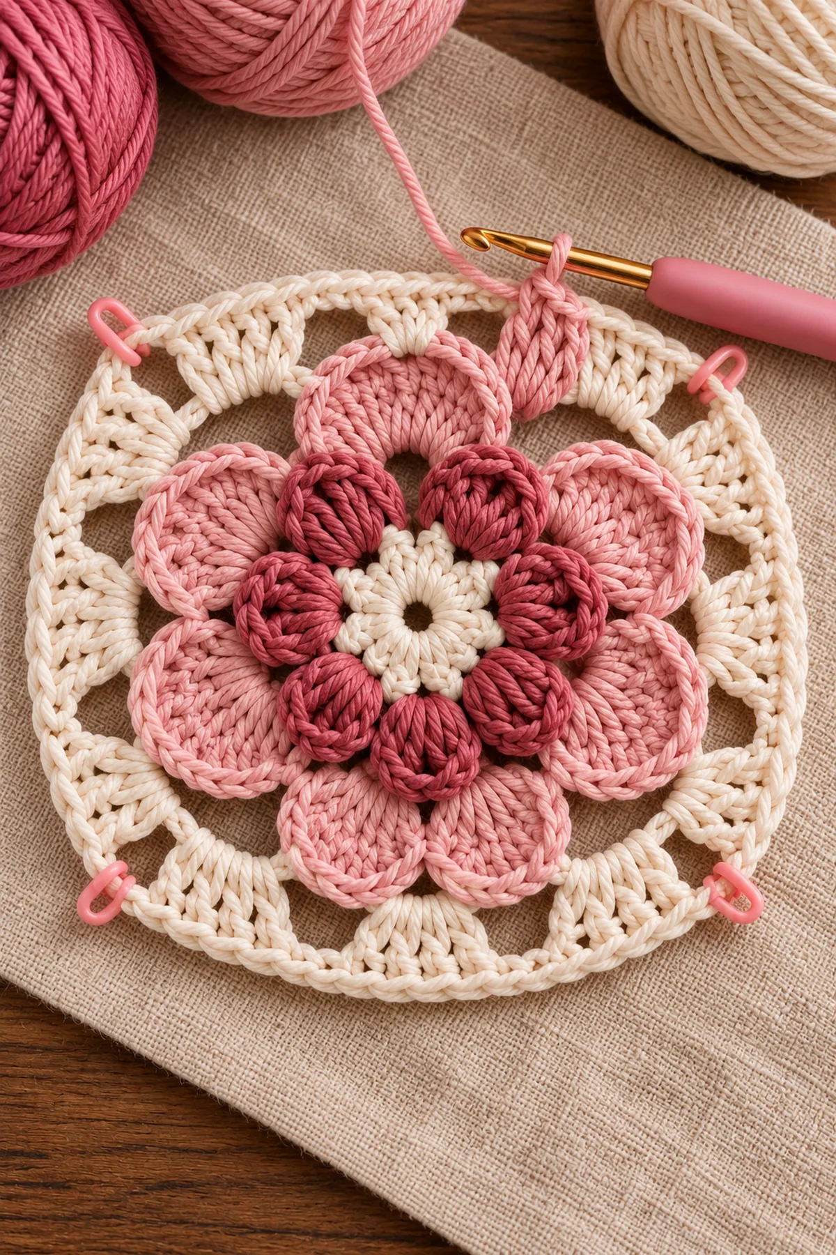 Three counted support rounds with reserved front loops for a layered rose crochet square