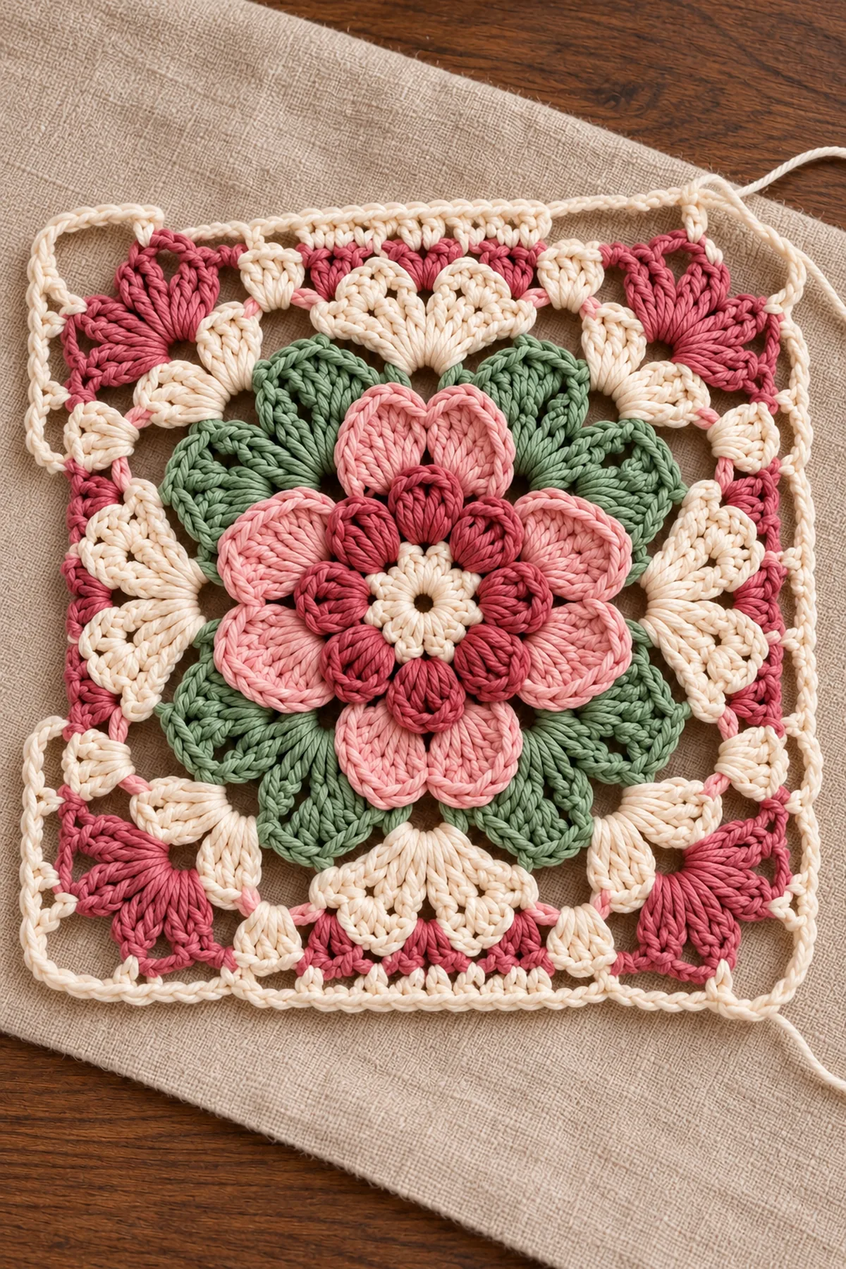 Rose motif squared with cream arches and marked corner fans before its final frame