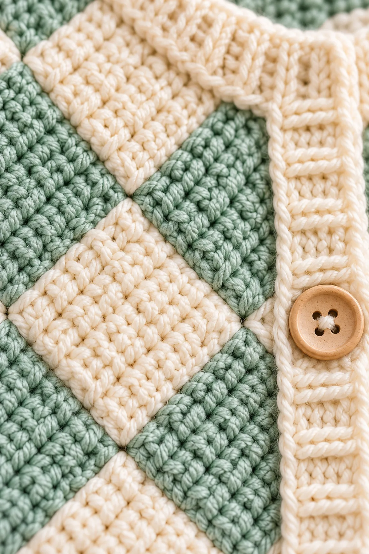 Close view of stitches and finishing on crochet mint tunisian entrelac baby cardigan