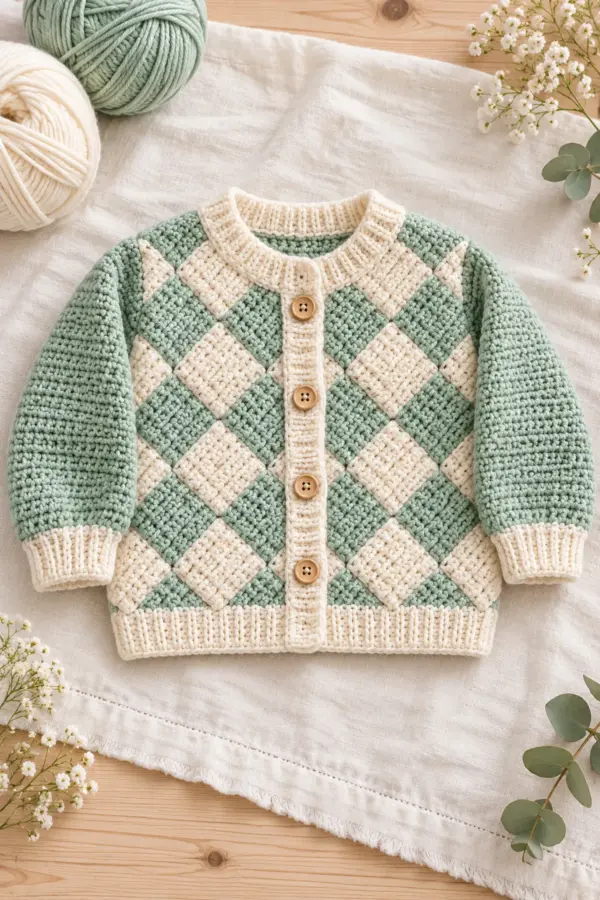 Mint and cream Tunisian entrelac baby cardigan with diamond blocks, plain sleeves and neat crochet bands
