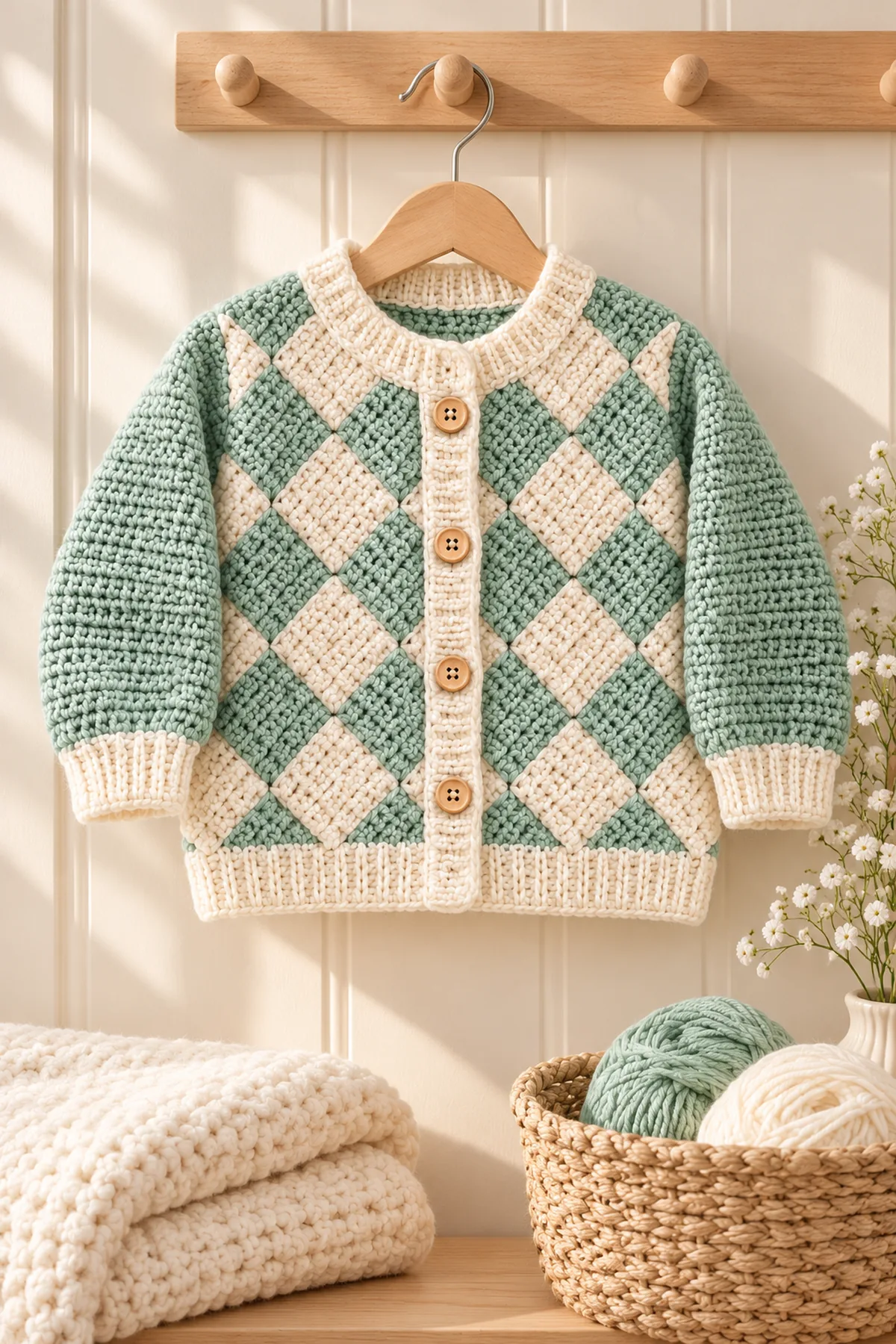 Finished crochet mint tunisian entrelac baby cardigan in a softly lit neutral setting
