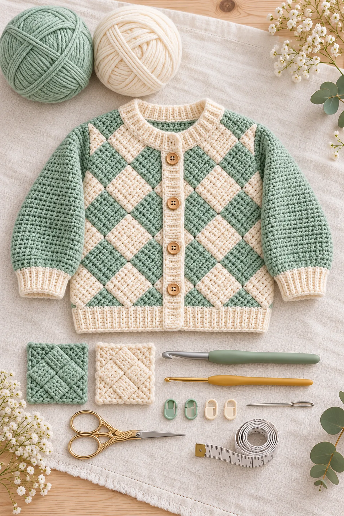 Yarn, hook, markers and tools for crochet mint tunisian entrelac baby cardigan
