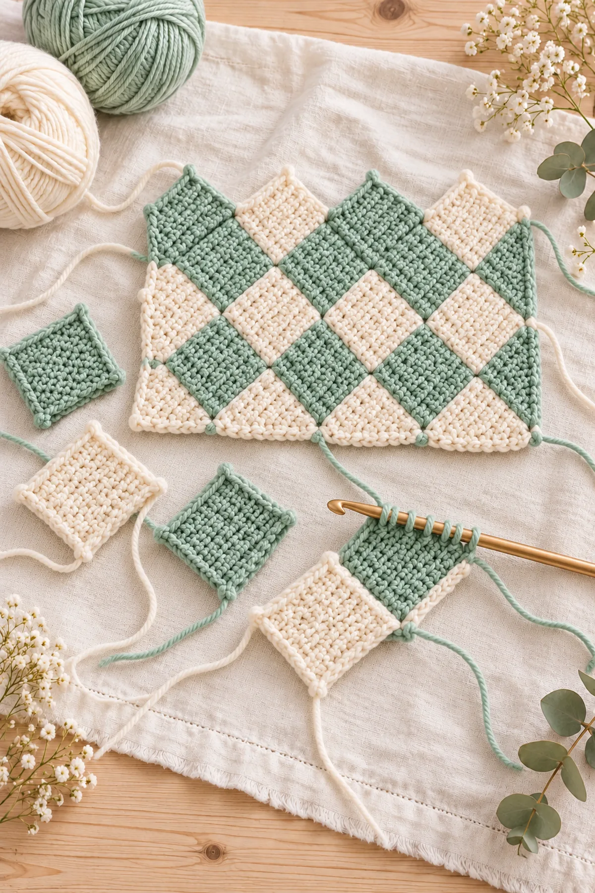 Early construction stage of crochet mint tunisian entrelac baby cardigan