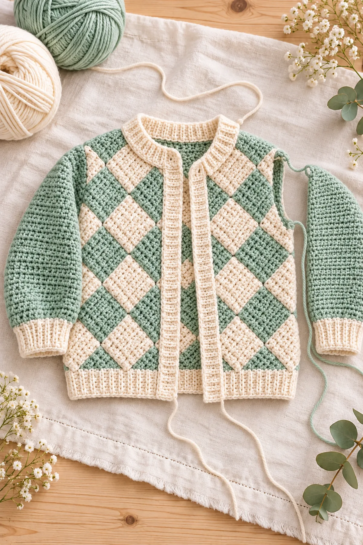 Shaping and assembly stage of crochet mint tunisian entrelac baby cardigan