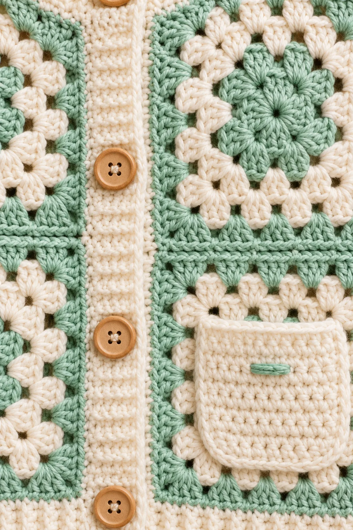 Close view of stitches and finishing on mint green modular granny square baby cardigan with pocket – free pattern