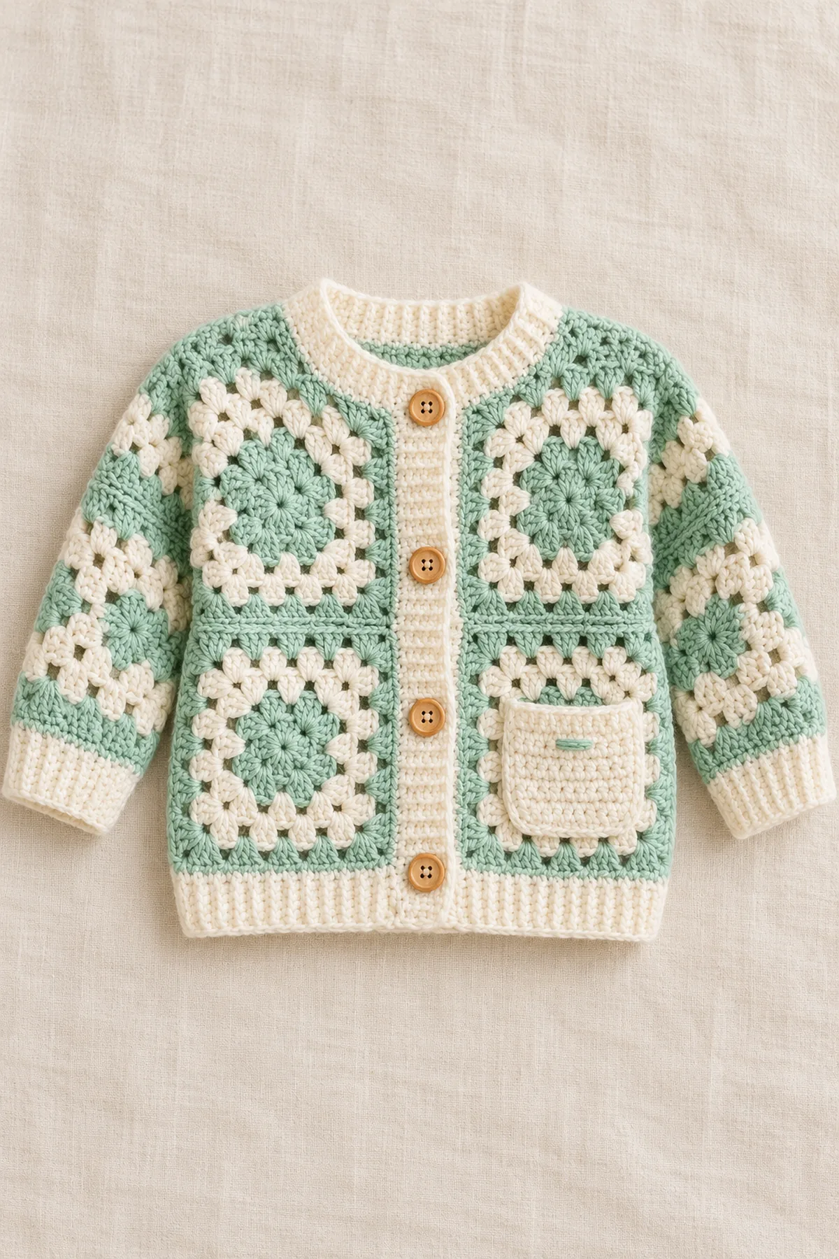 Mint green and cream modular granny square crochet baby cardigan with cream pocket