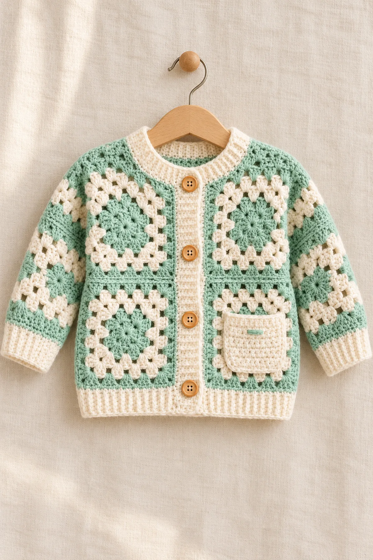Finished mint green modular granny square baby cardigan with pocket – free pattern in a softly lit neutral setting